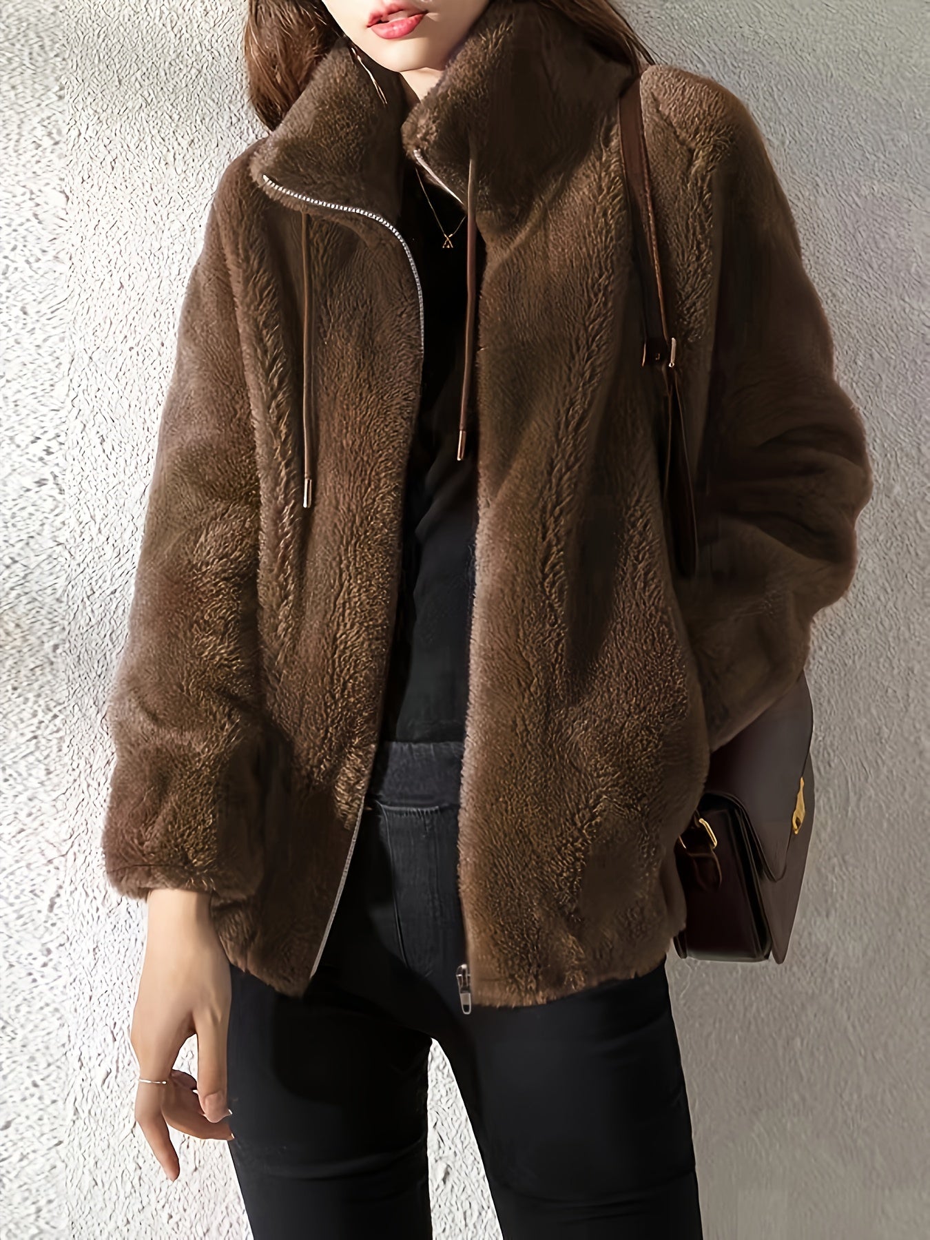Drawstring Teddy Coat, Casual Zip Up Long Sleeve Warm Outerwear, Women's Clothing