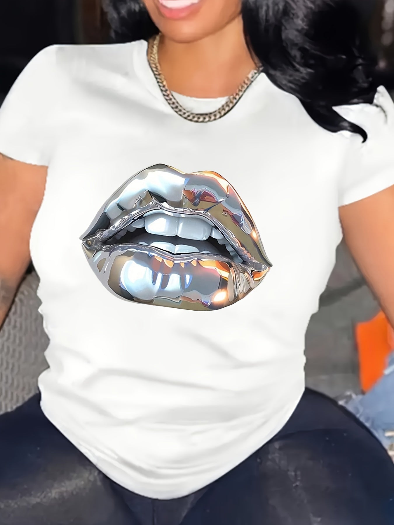 Lip Print Crew Neck T-shirt, Short Sleeve Casual Top For Summer & Spring, Women's Clothing