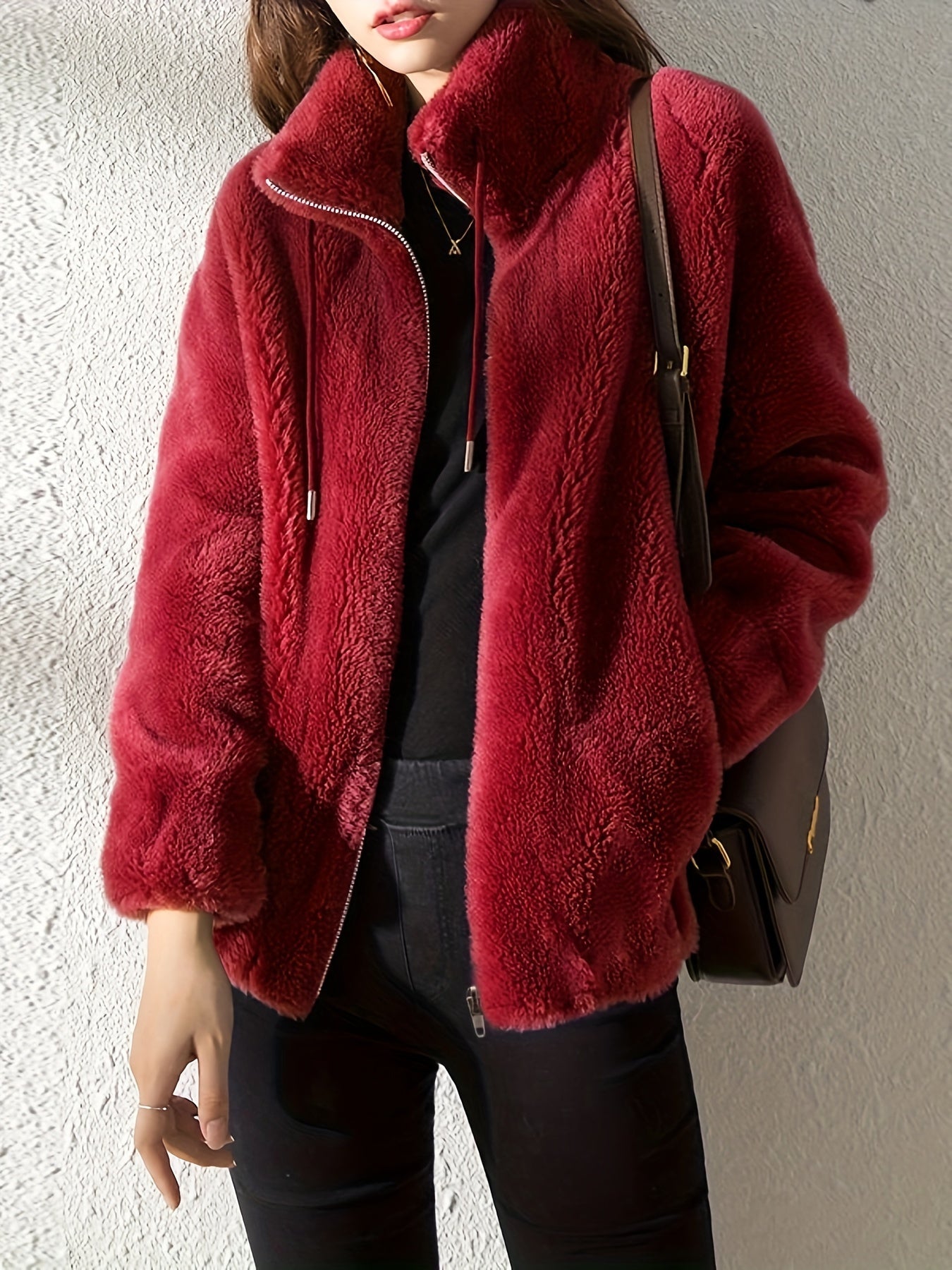 Drawstring Teddy Coat, Casual Zip Up Long Sleeve Warm Outerwear, Women's Clothing