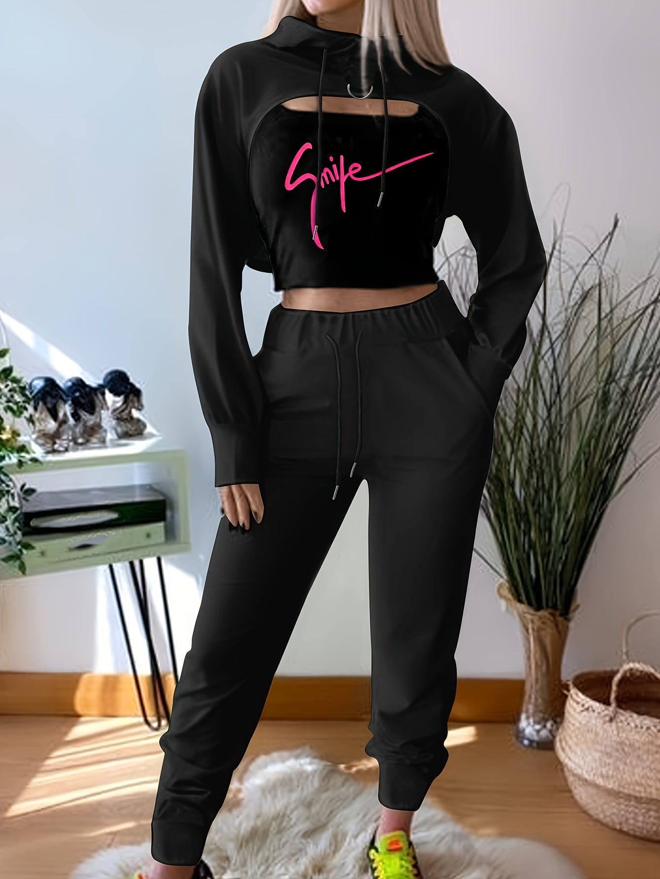 Casual Color Block Three-piece Set, Long Sleeve Drawstring Hoodie Crop Top & SMILE Print Scoop Neck Crop Tank Top & Drawstring Waist Jogger Pants Outfits, Women's Clothing