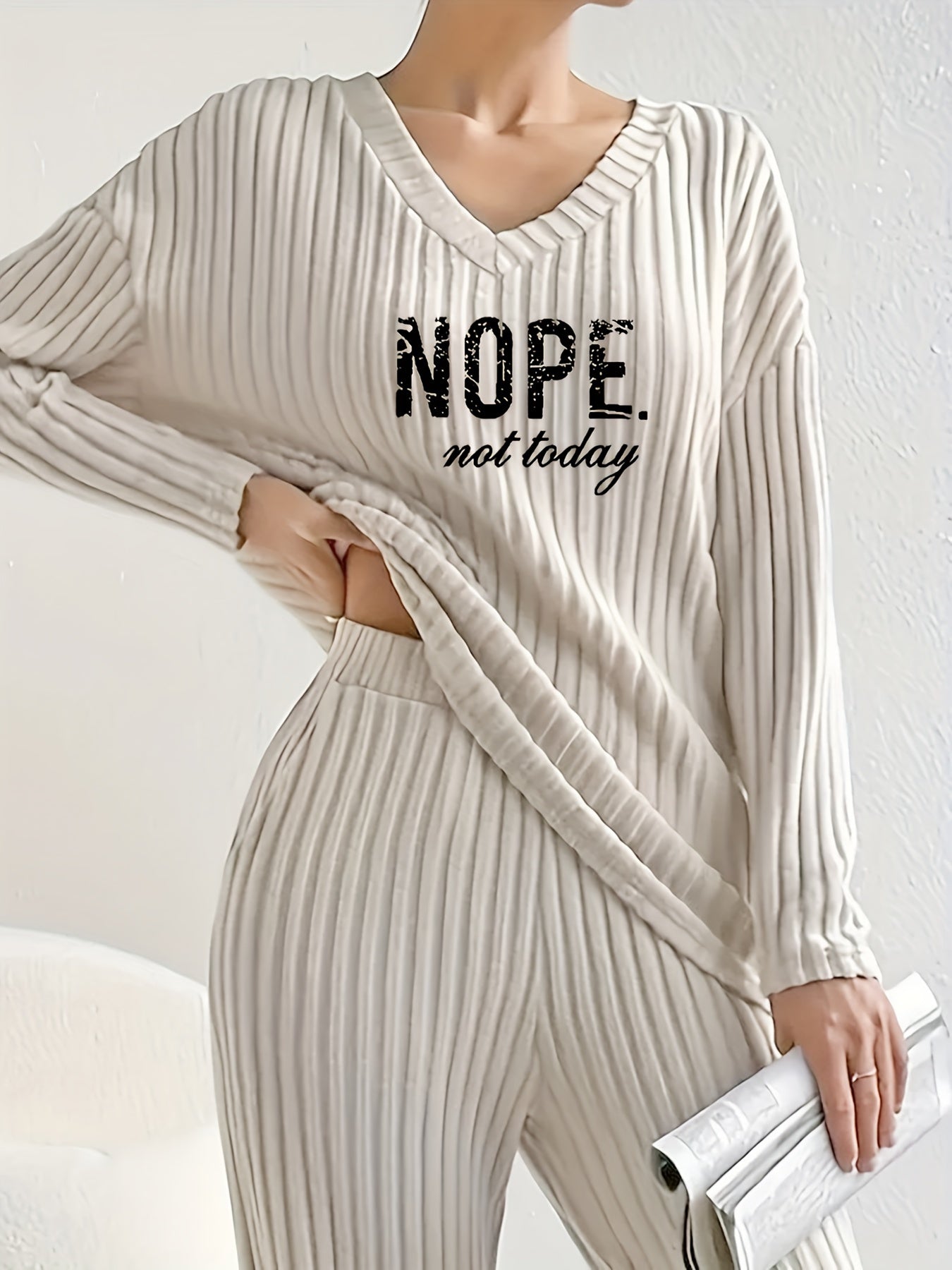 Solid Ribbed Matching Two-piece Set, Casual Long Sleeve V Neck Drop Shoulder Top & Slim Slant Pocket Elastic Waist Pants Outfits, Women's Clothing