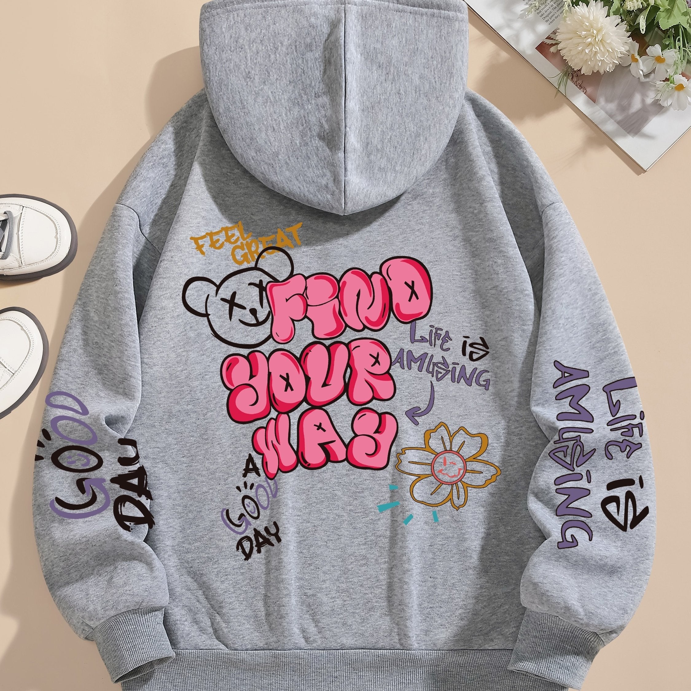 Letter Print Pocket Hoodie, Drawstring Casual Long Sleeve Hooded Sweatshirt For Winter & Fall, Women's Clothing