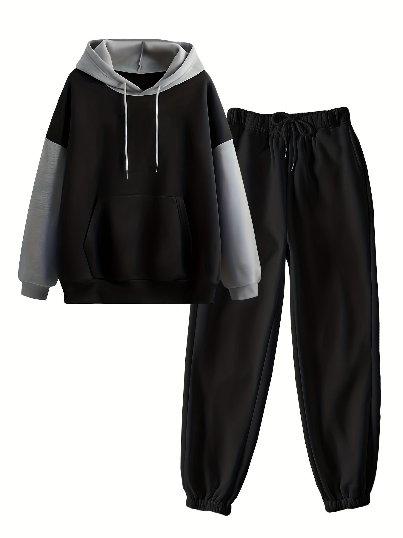 Casual Fall & Winter Pants Set, Color Block Kangaroo Pocket Hoodie & Drawstring Pants Outfits, Women's Clothing