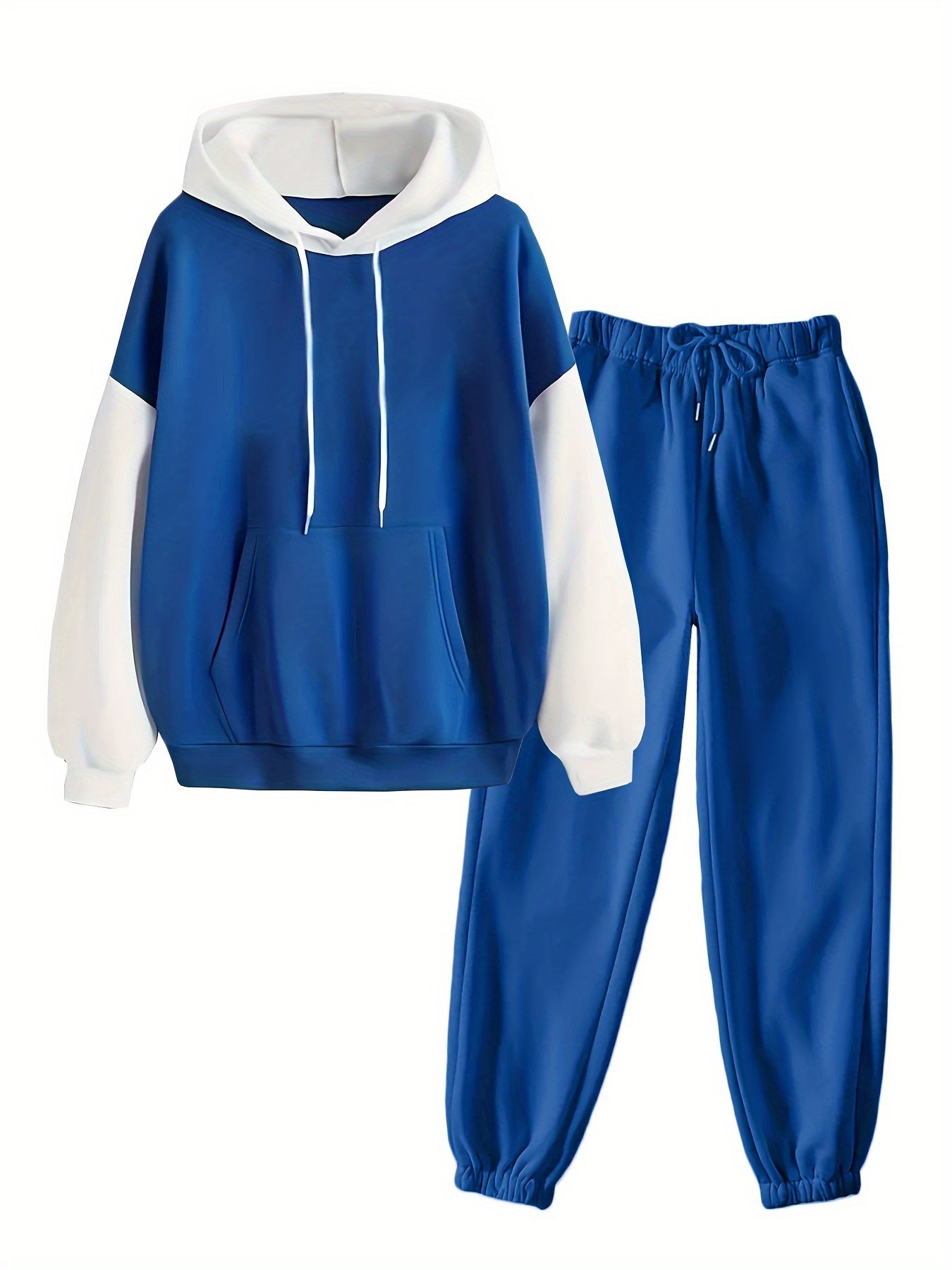 Casual Fall & Winter Pants Set, Color Block Kangaroo Pocket Hoodie & Drawstring Pants Outfits, Women's Clothing