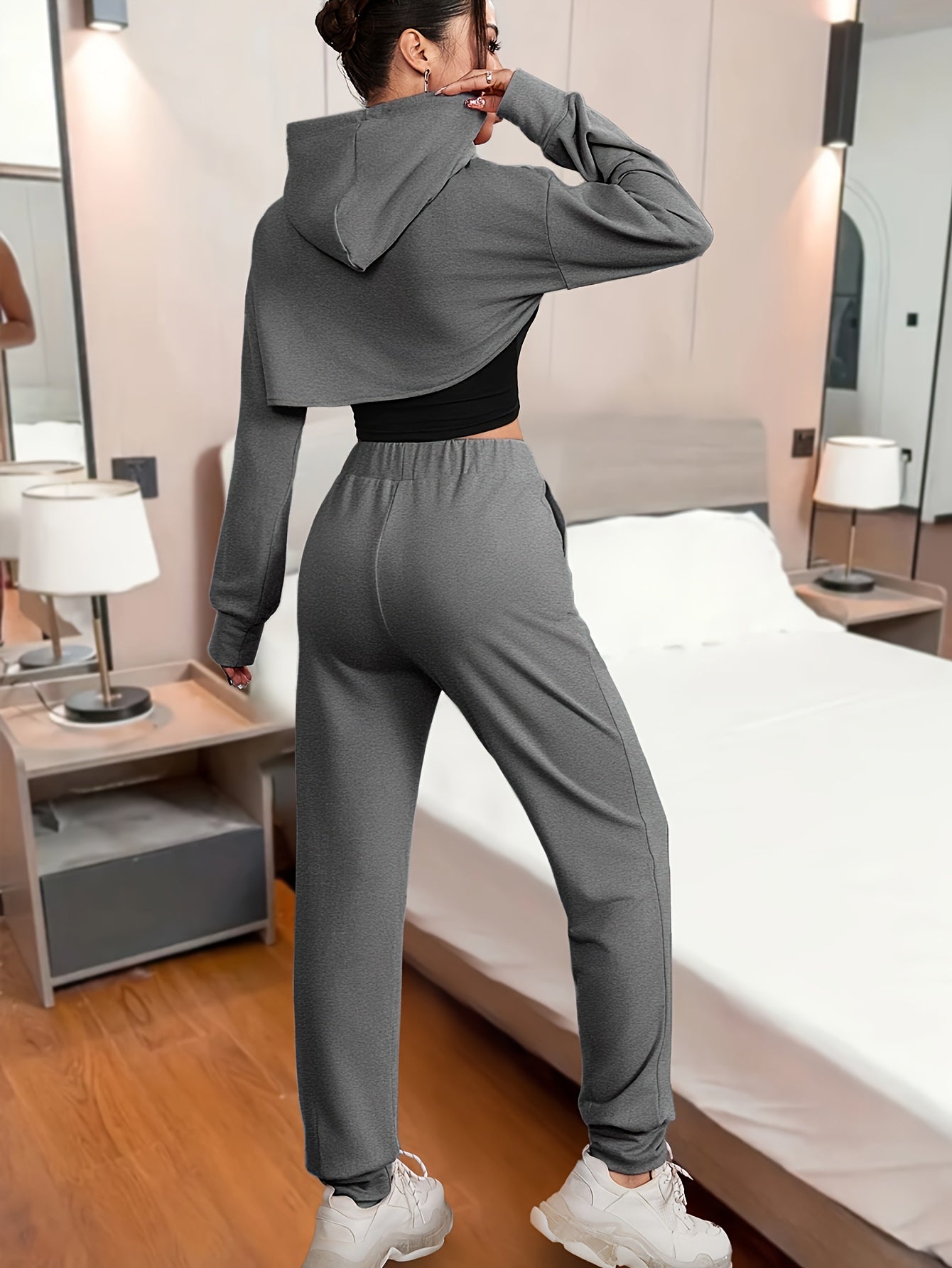 Casual Color Block Three-piece Set, Long Sleeve Drawstring Hoodie Crop Top & SMILE Print Scoop Neck Crop Tank Top & Drawstring Waist Jogger Pants Outfits, Women's Clothing