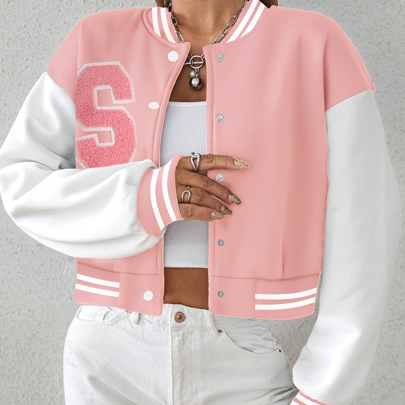 Letter Pattern Color Block Varsity Jacket, Casual Button Front Long Sleeve Outerwear, Women's Clothing