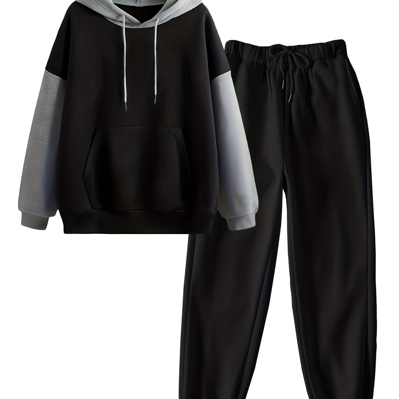 Casual Fall & Winter Pants Set, Color Block Kangaroo Pocket Hoodie & Drawstring Pants Outfits, Women's Clothing