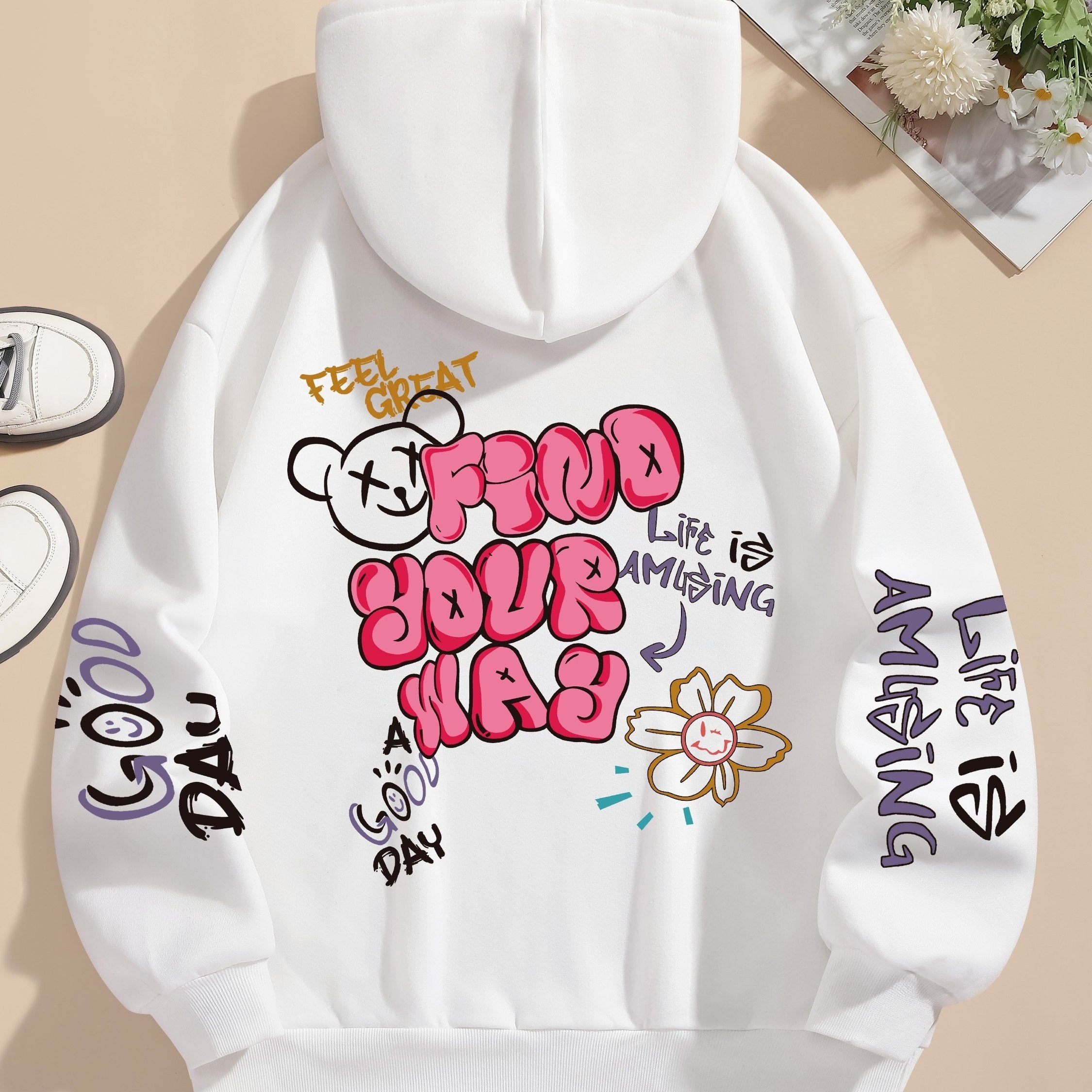 Letter Print Pocket Hoodie, Drawstring Casual Long Sleeve Hooded Sweatshirt For Winter & Fall, Women's Clothing
