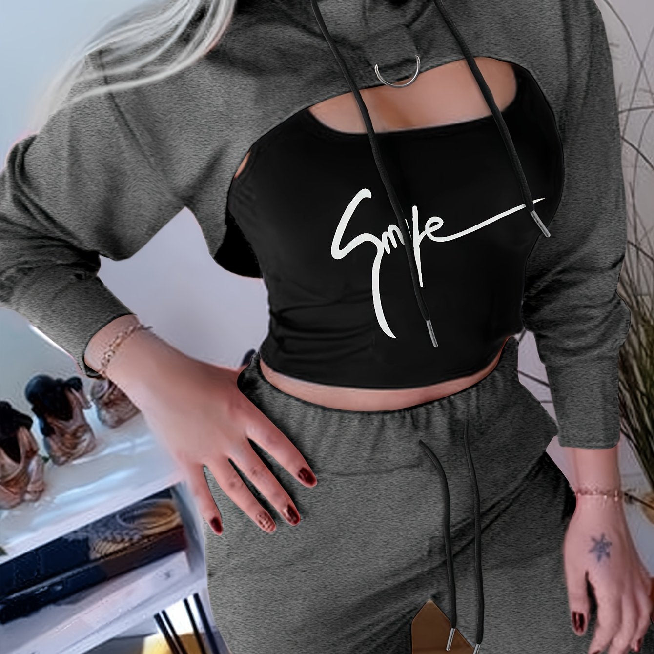 Casual Color Block Three-piece Set, Long Sleeve Drawstring Hoodie Crop Top & SMILE Print Scoop Neck Crop Tank Top & Drawstring Waist Jogger Pants Outfits, Women's Clothing