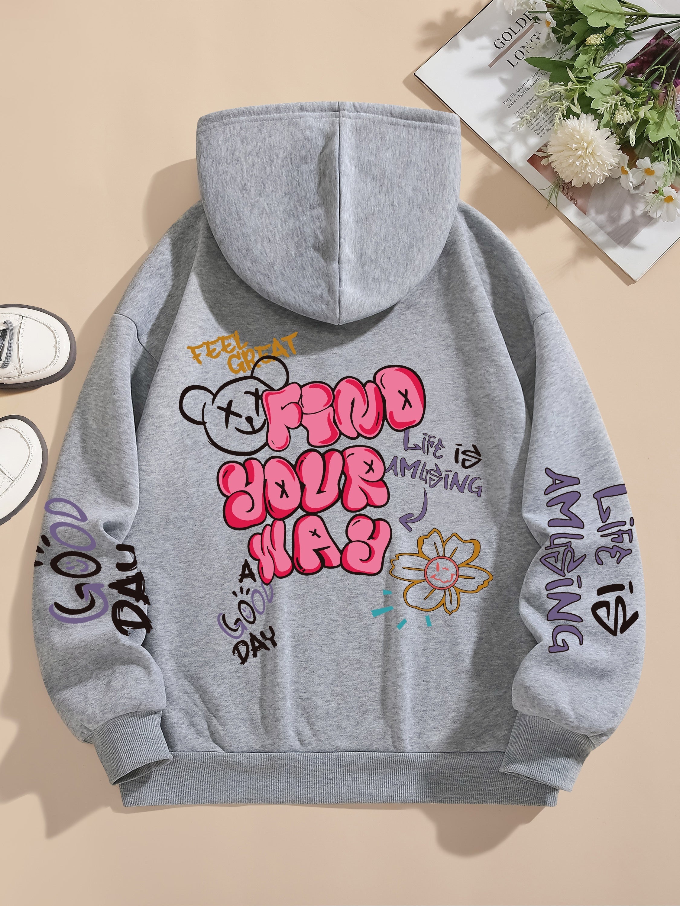 Letter Print Pocket Hoodie, Drawstring Casual Long Sleeve Hooded Sweatshirt For Winter & Fall, Women's Clothing