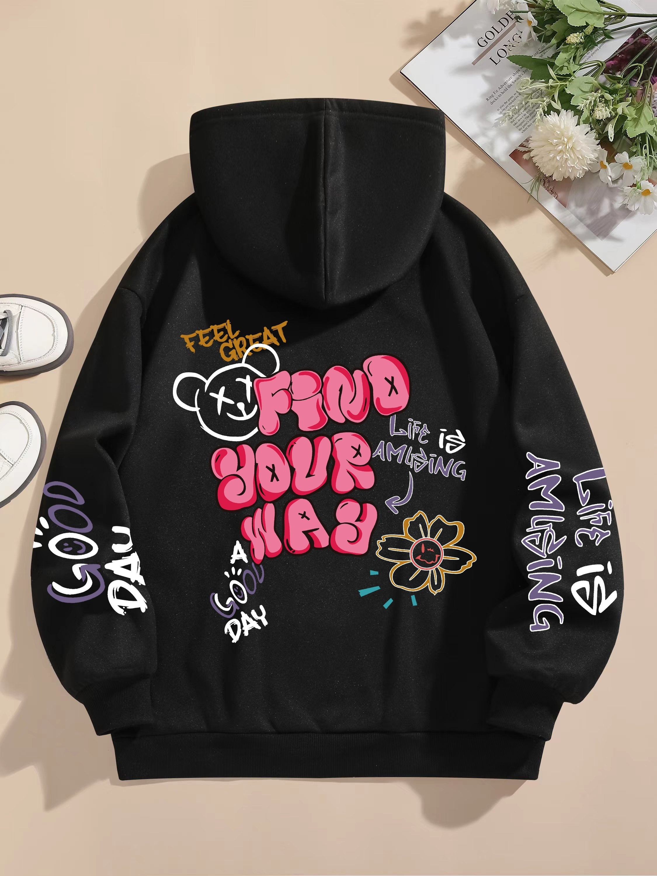 Letter Print Pocket Hoodie, Drawstring Casual Long Sleeve Hooded Sweatshirt For Winter & Fall, Women's Clothing