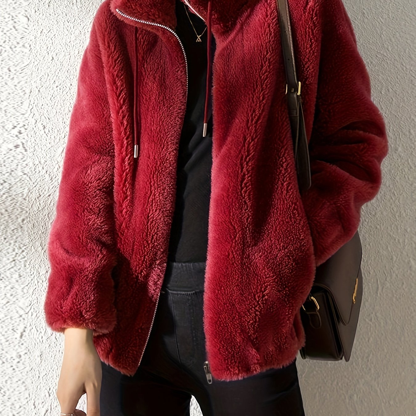 Drawstring Teddy Coat, Casual Zip Up Long Sleeve Warm Outerwear, Women's Clothing