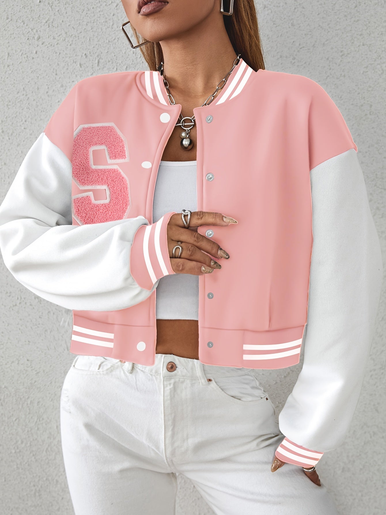Letter Pattern Color Block Varsity Jacket, Casual Button Front Long Sleeve Outerwear, Women's Clothing
