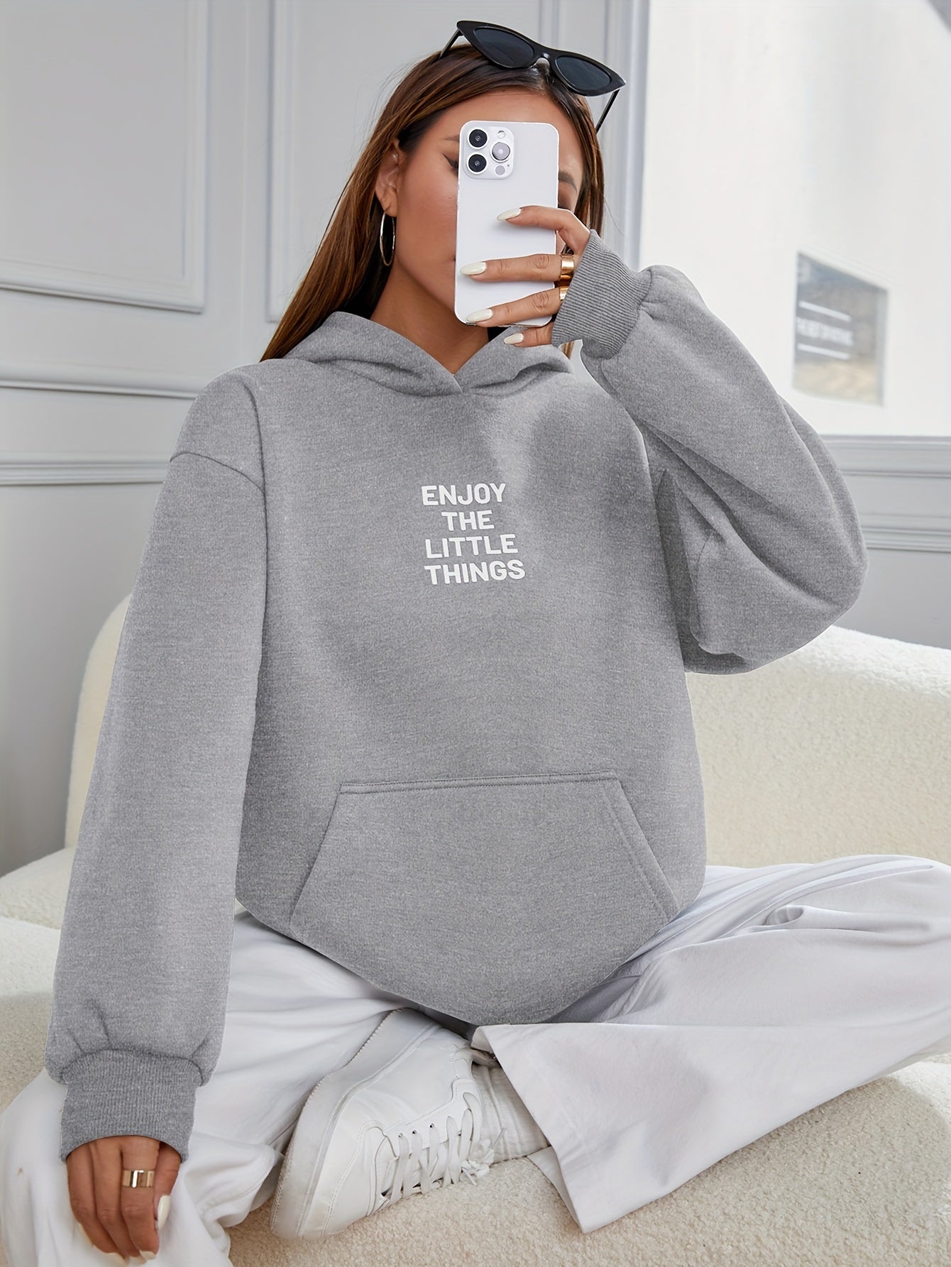 Letter Print Kangaroo Pocket Hoodie, Casual Long Sleeve Hoodies Sweatshirt, Women's Clothing