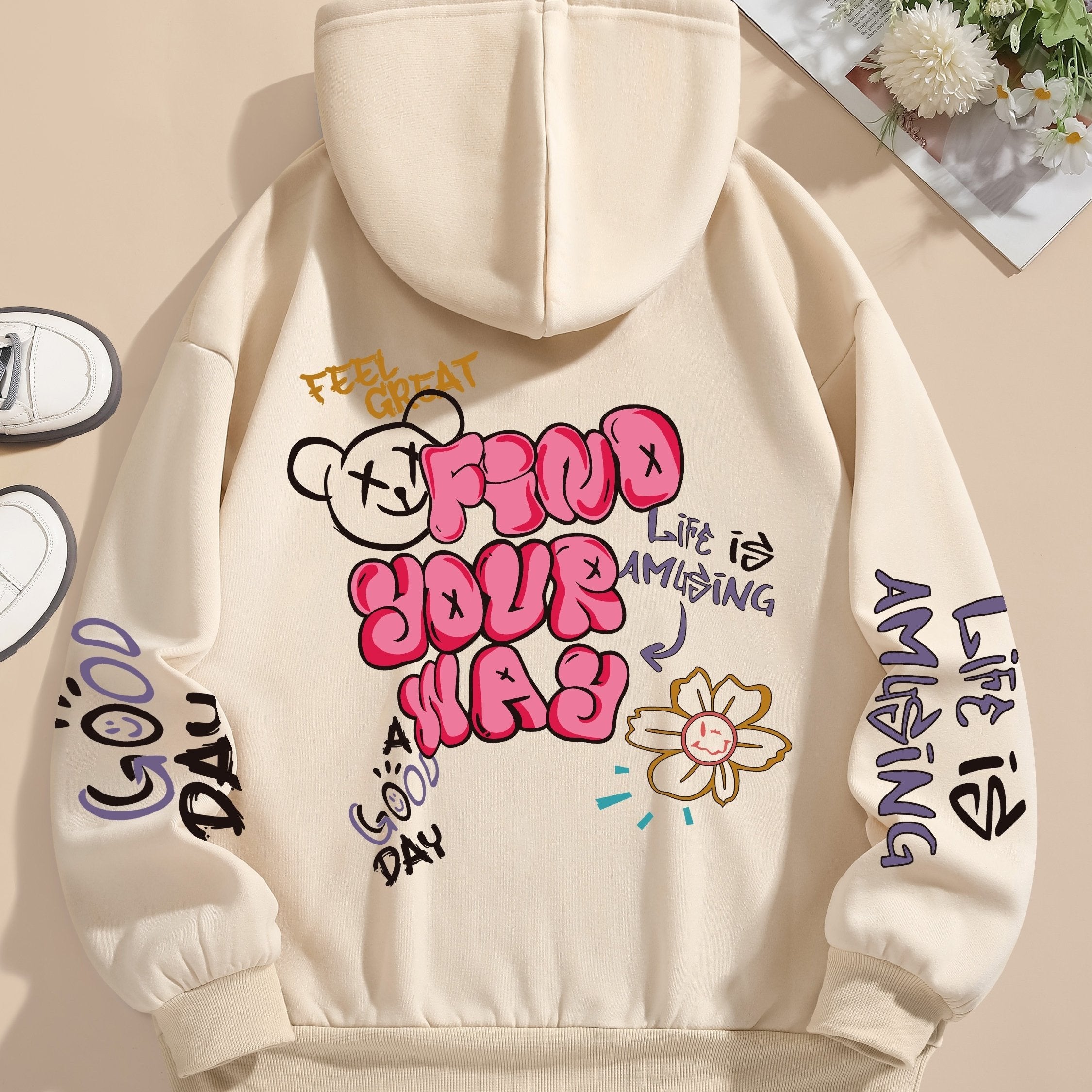 Letter Print Pocket Hoodie, Drawstring Casual Long Sleeve Hooded Sweatshirt For Winter & Fall, Women's Clothing
