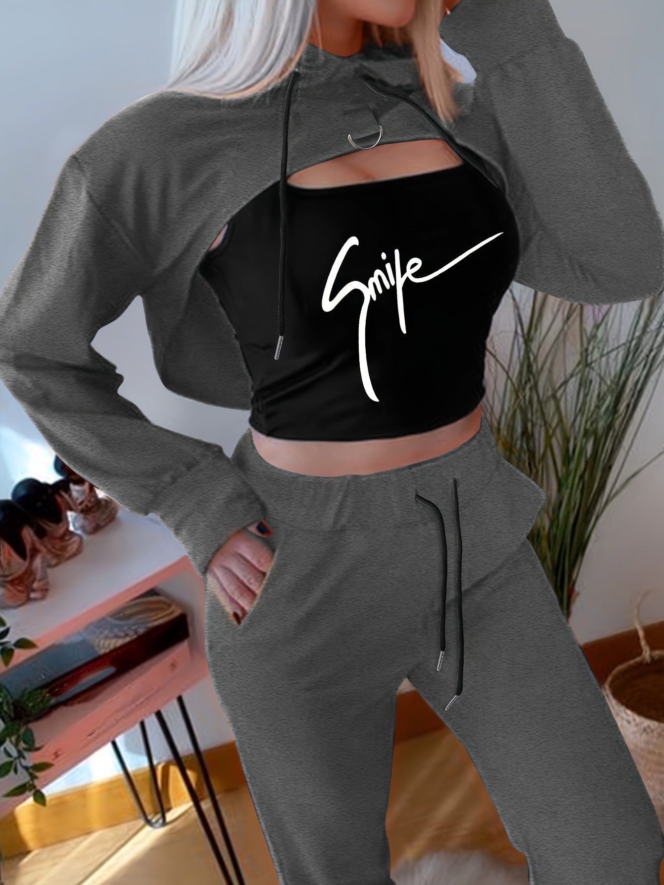 Casual Color Block Three-piece Set, Long Sleeve Drawstring Hoodie Crop Top & SMILE Print Scoop Neck Crop Tank Top & Drawstring Waist Jogger Pants Outfits, Women's Clothing