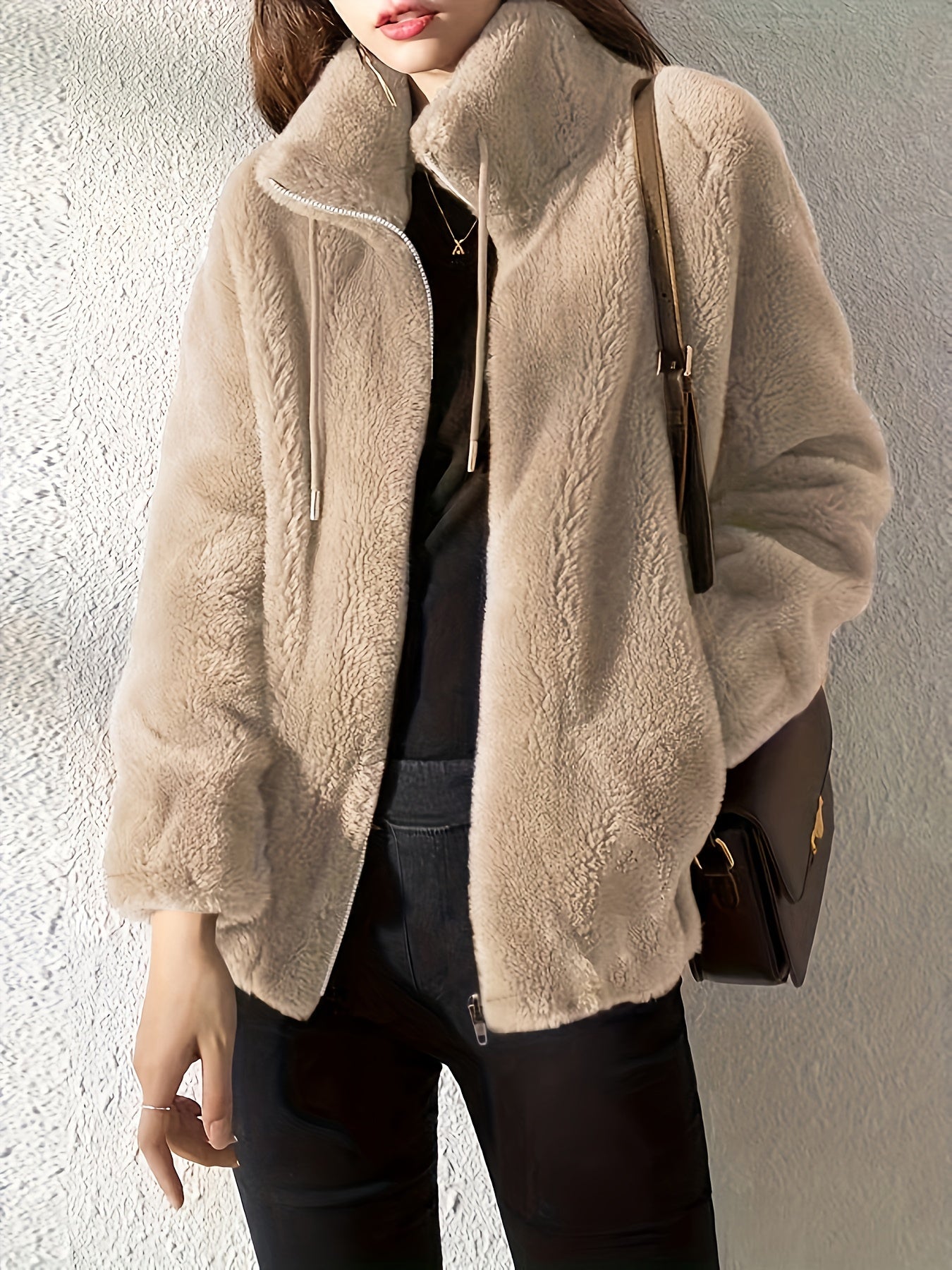 Drawstring Teddy Coat, Casual Zip Up Long Sleeve Warm Outerwear, Women's Clothing