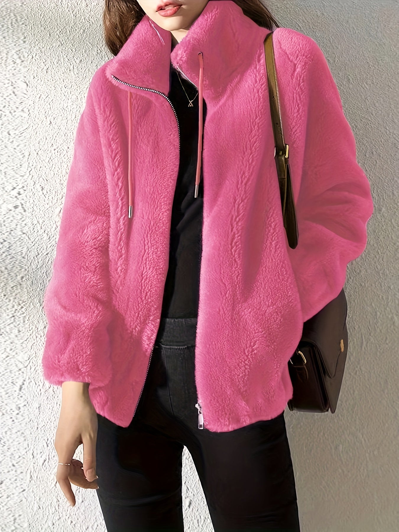 Drawstring Teddy Coat, Casual Zip Up Long Sleeve Warm Outerwear, Women's Clothing