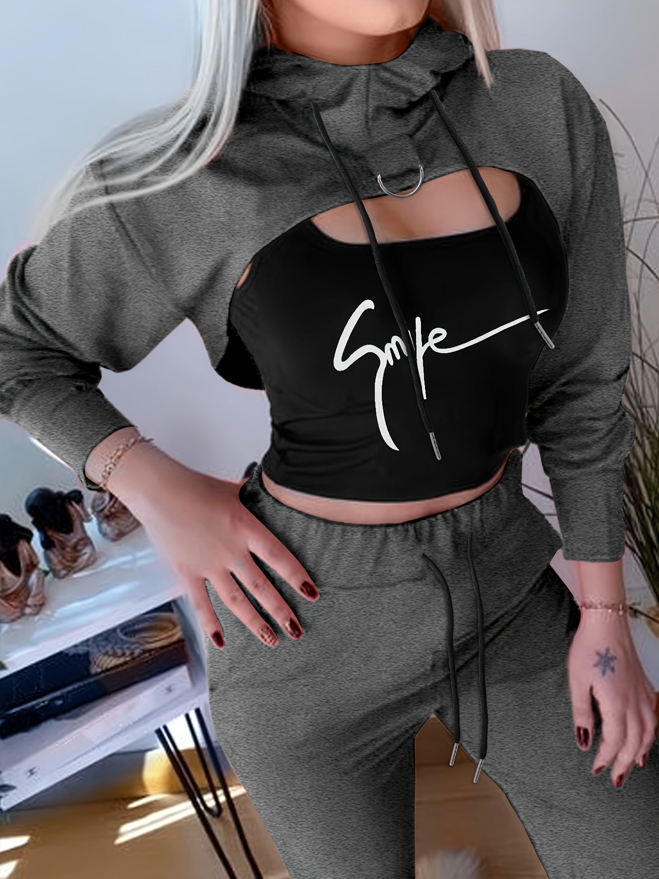 Casual Color Block Three-piece Set, Long Sleeve Drawstring Hoodie Crop Top & SMILE Print Scoop Neck Crop Tank Top & Drawstring Waist Jogger Pants Outfits, Women's Clothing