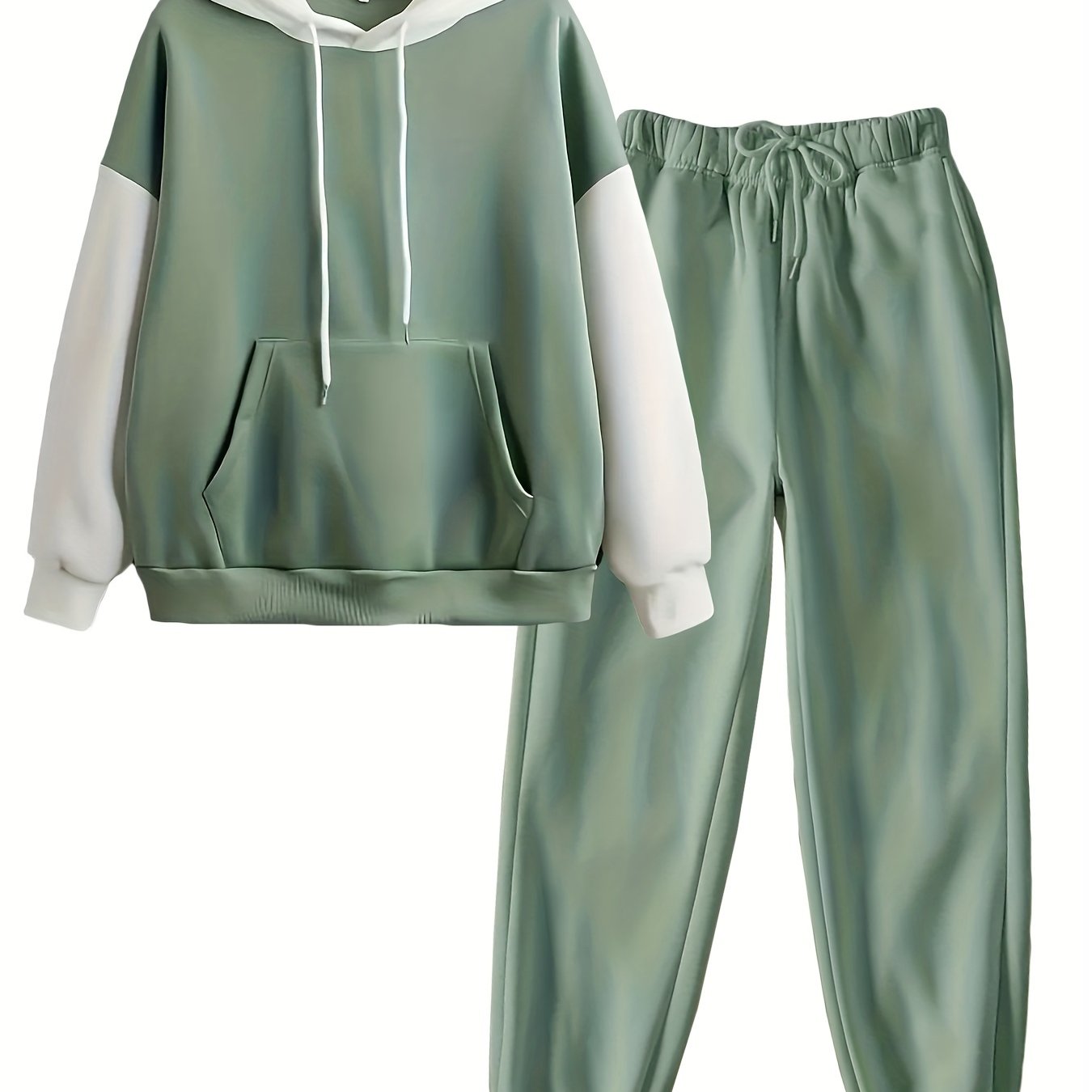 Casual Fall & Winter Pants Set, Color Block Kangaroo Pocket Hoodie & Drawstring Pants Outfits, Women's Clothing