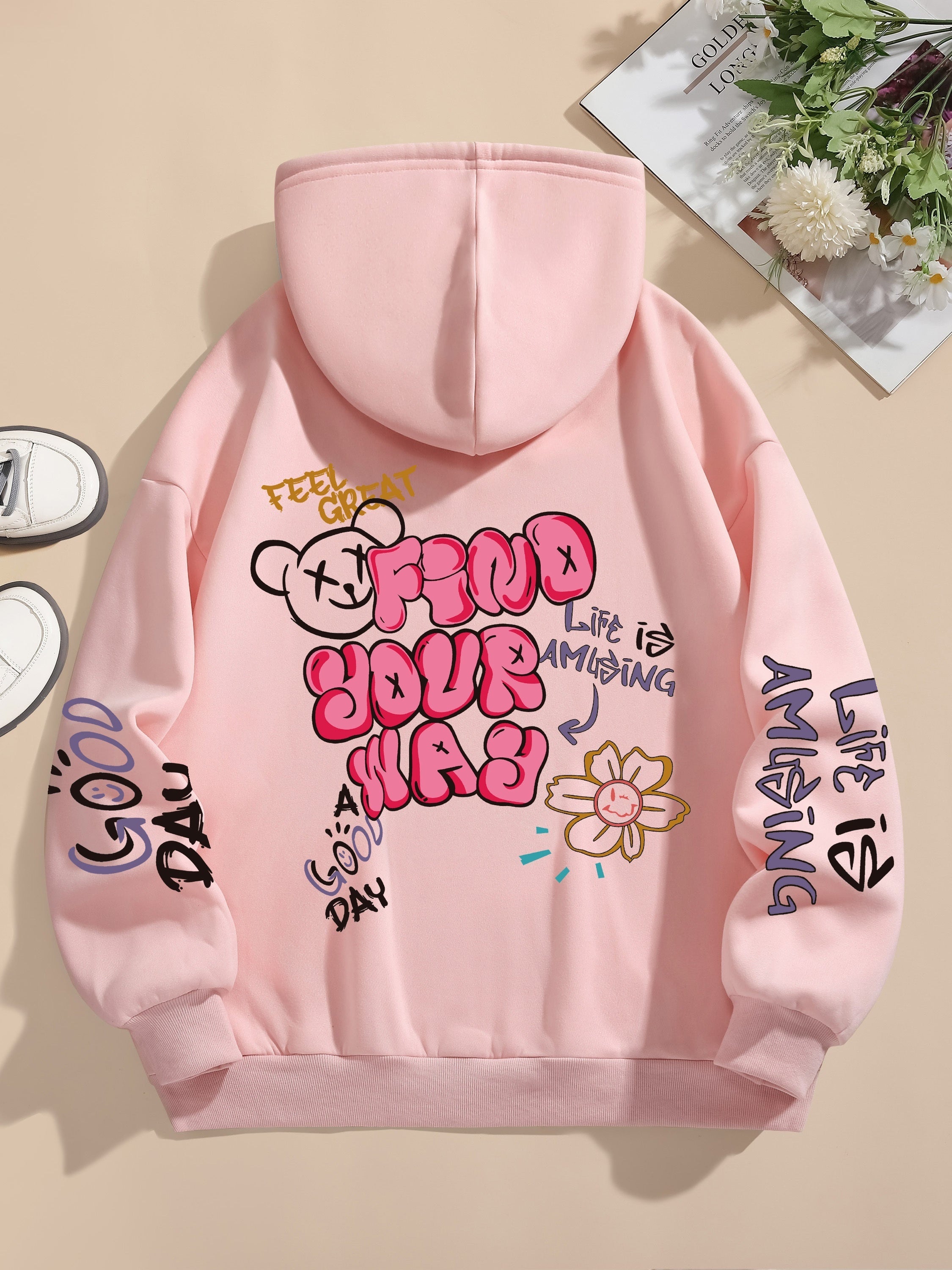 Letter Print Pocket Hoodie, Drawstring Casual Long Sleeve Hooded Sweatshirt For Winter & Fall, Women's Clothing