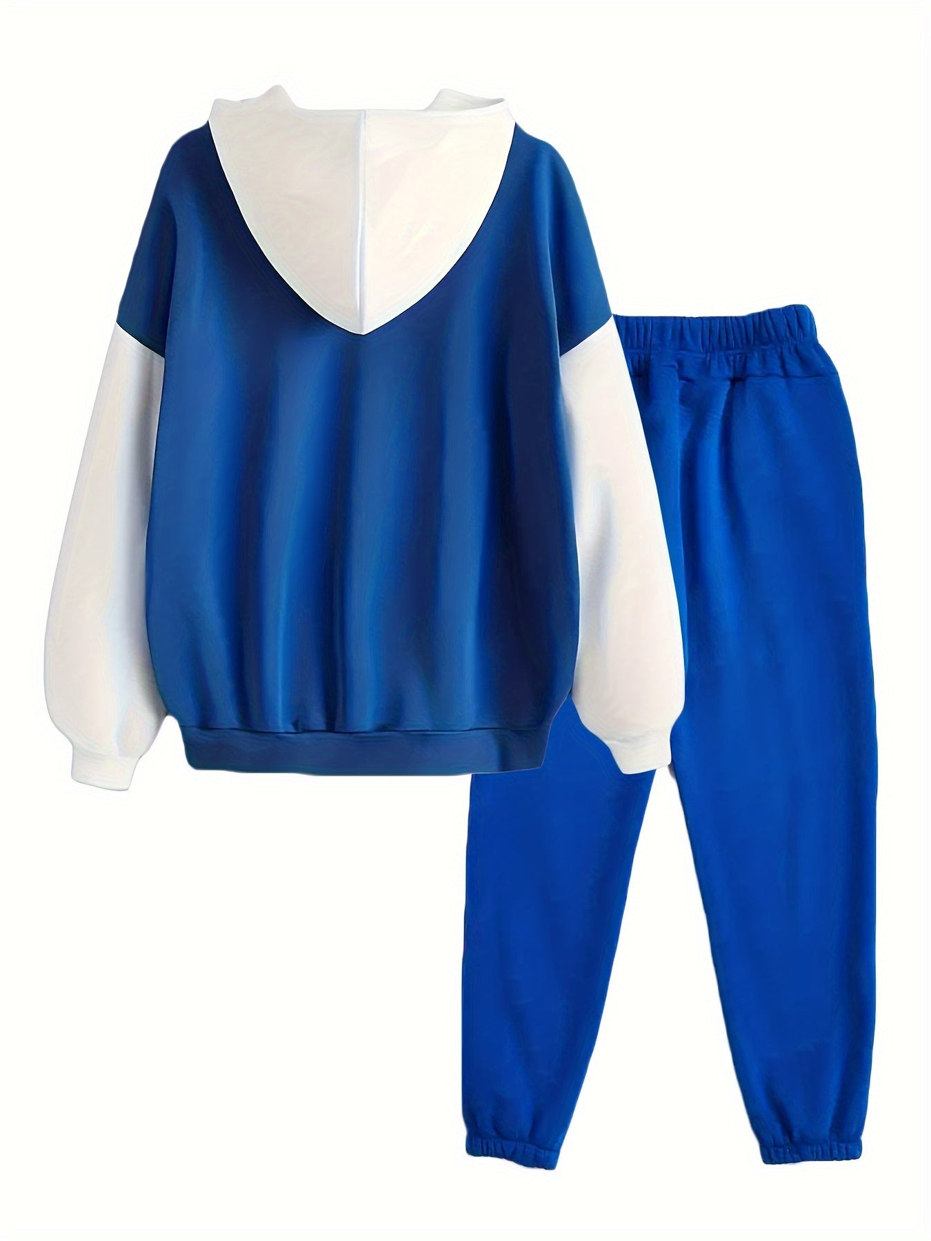 Casual Fall & Winter Pants Set, Color Block Kangaroo Pocket Hoodie & Drawstring Pants Outfits, Women's Clothing