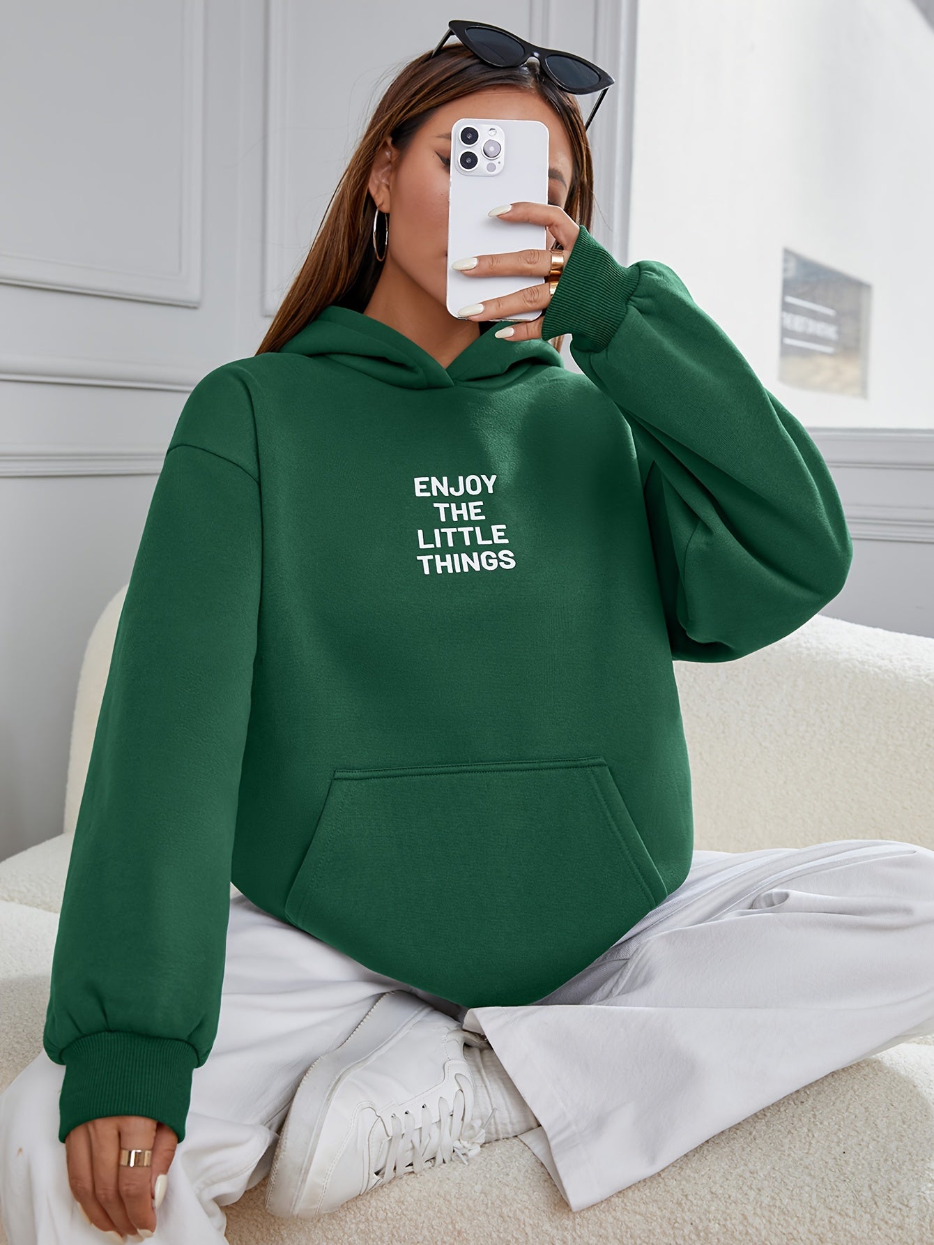 Letter Print Kangaroo Pocket Hoodie, Casual Long Sleeve Hoodies Sweatshirt, Women's Clothing