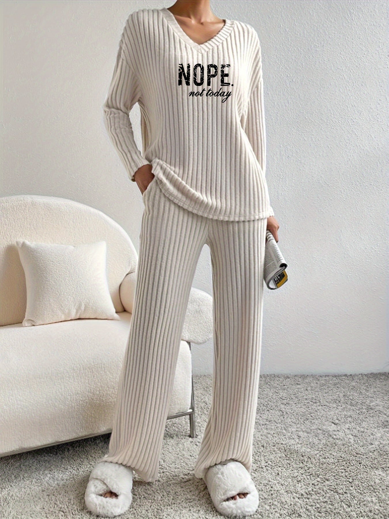 Solid Ribbed Matching Two-piece Set, Casual Long Sleeve V Neck Drop Shoulder Top & Slim Slant Pocket Elastic Waist Pants Outfits, Women's Clothing
