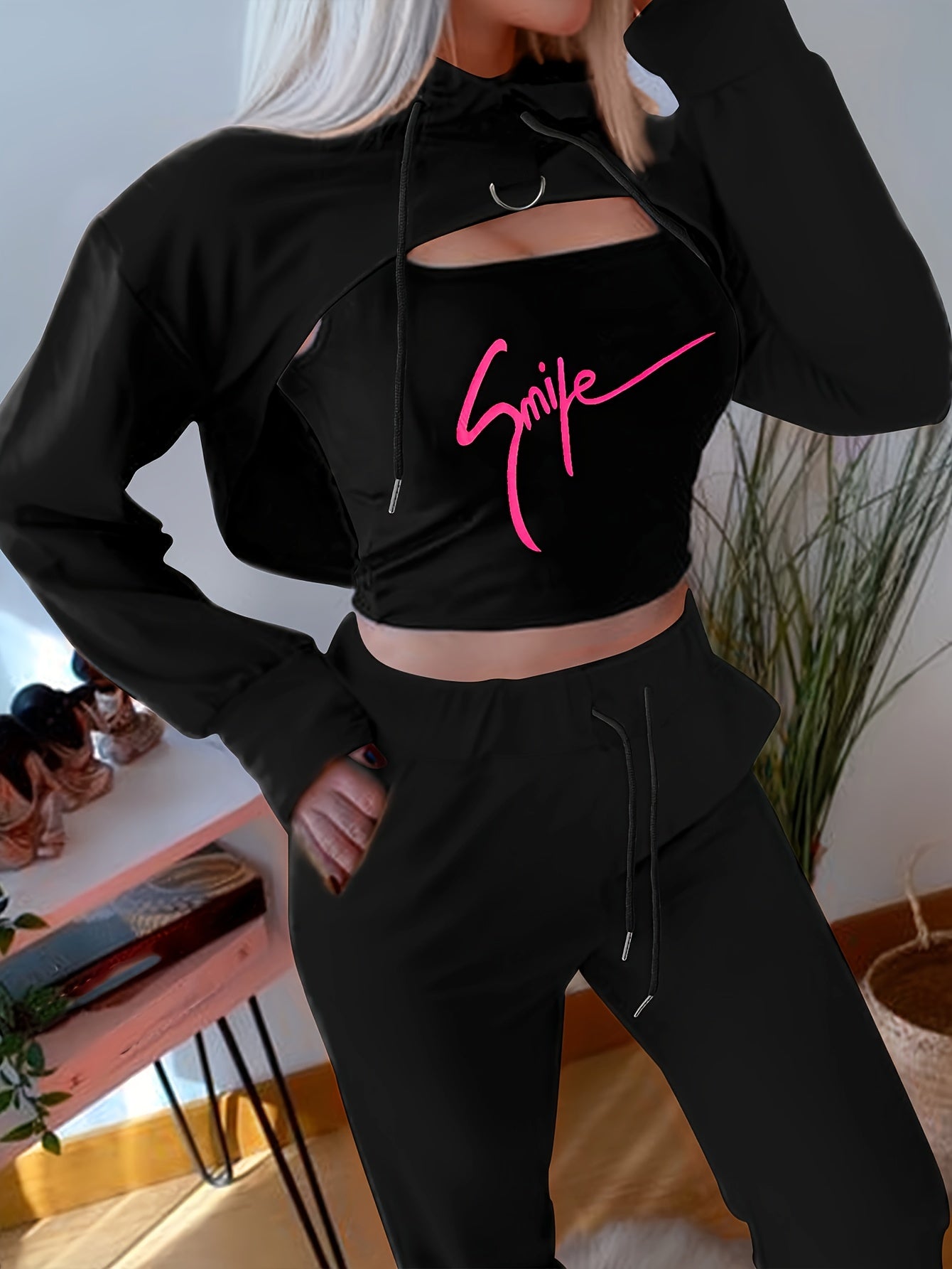 Casual Color Block Three-piece Set, Long Sleeve Drawstring Hoodie Crop Top & SMILE Print Scoop Neck Crop Tank Top & Drawstring Waist Jogger Pants Outfits, Women's Clothing