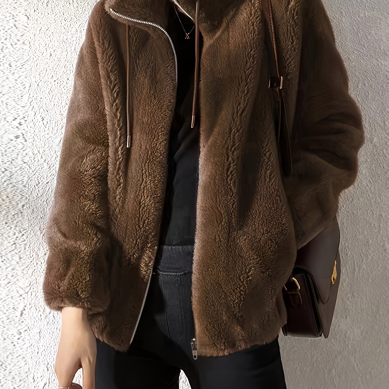 Drawstring Teddy Coat, Casual Zip Up Long Sleeve Warm Outerwear, Women's Clothing
