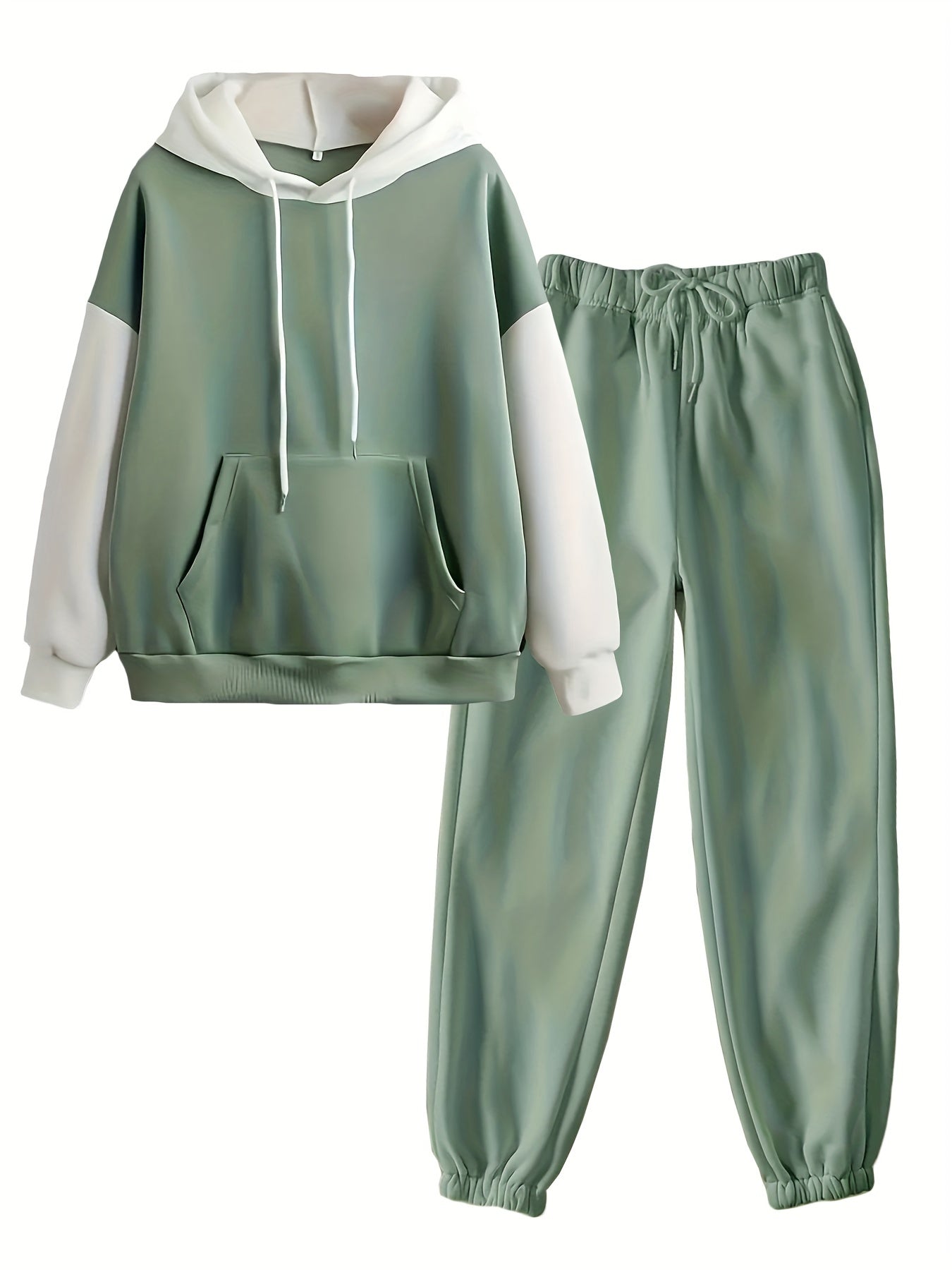 Casual Fall & Winter Pants Set, Color Block Kangaroo Pocket Hoodie & Drawstring Pants Outfits, Women's Clothing
