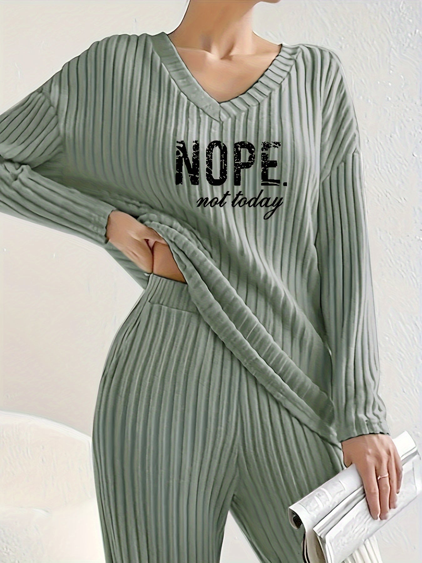 Solid Ribbed Matching Two-piece Set, Casual Long Sleeve V Neck Drop Shoulder Top & Slim Slant Pocket Elastic Waist Pants Outfits, Women's Clothing