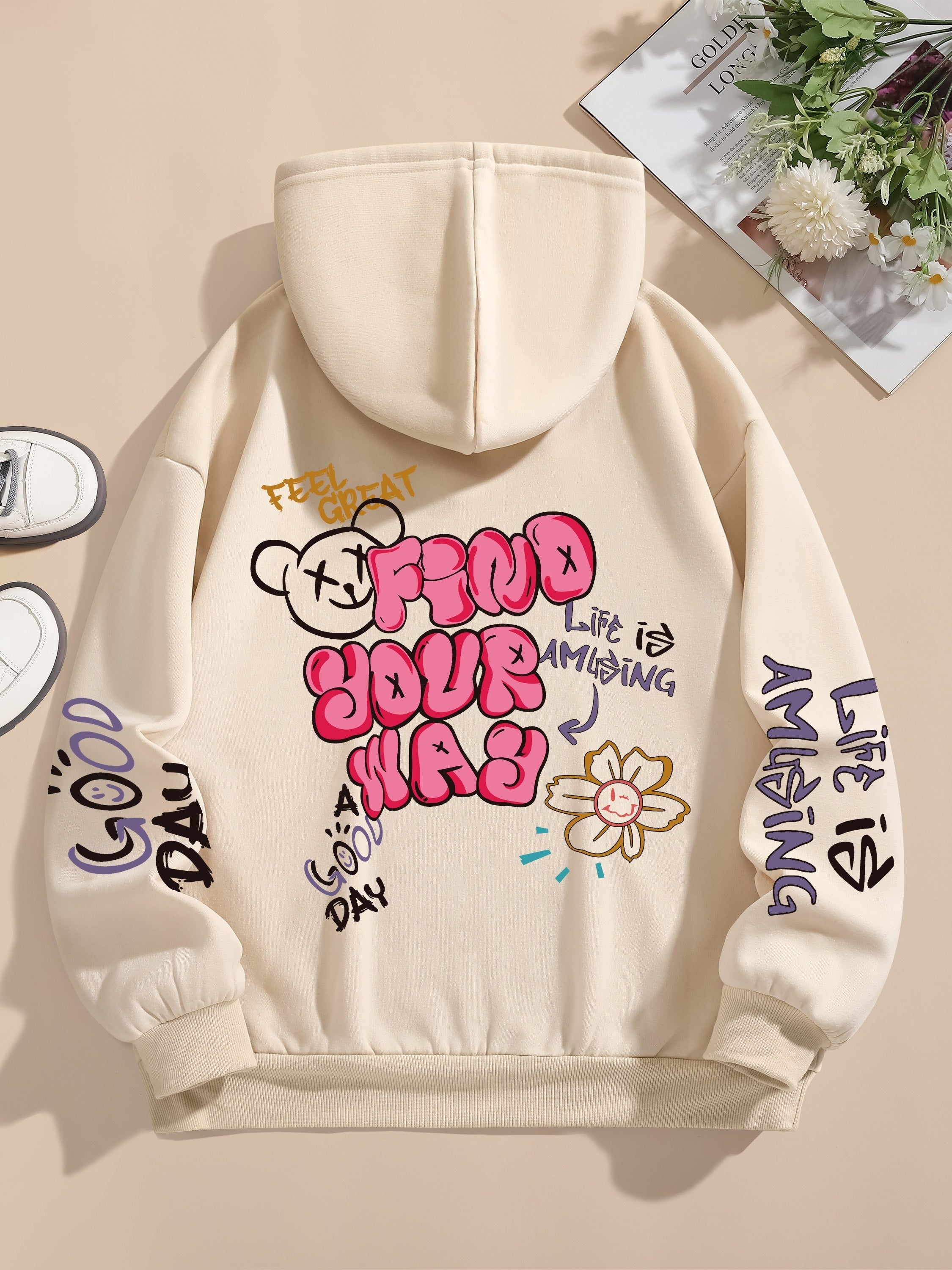 Letter Print Pocket Hoodie, Drawstring Casual Long Sleeve Hooded Sweatshirt For Winter & Fall, Women's Clothing