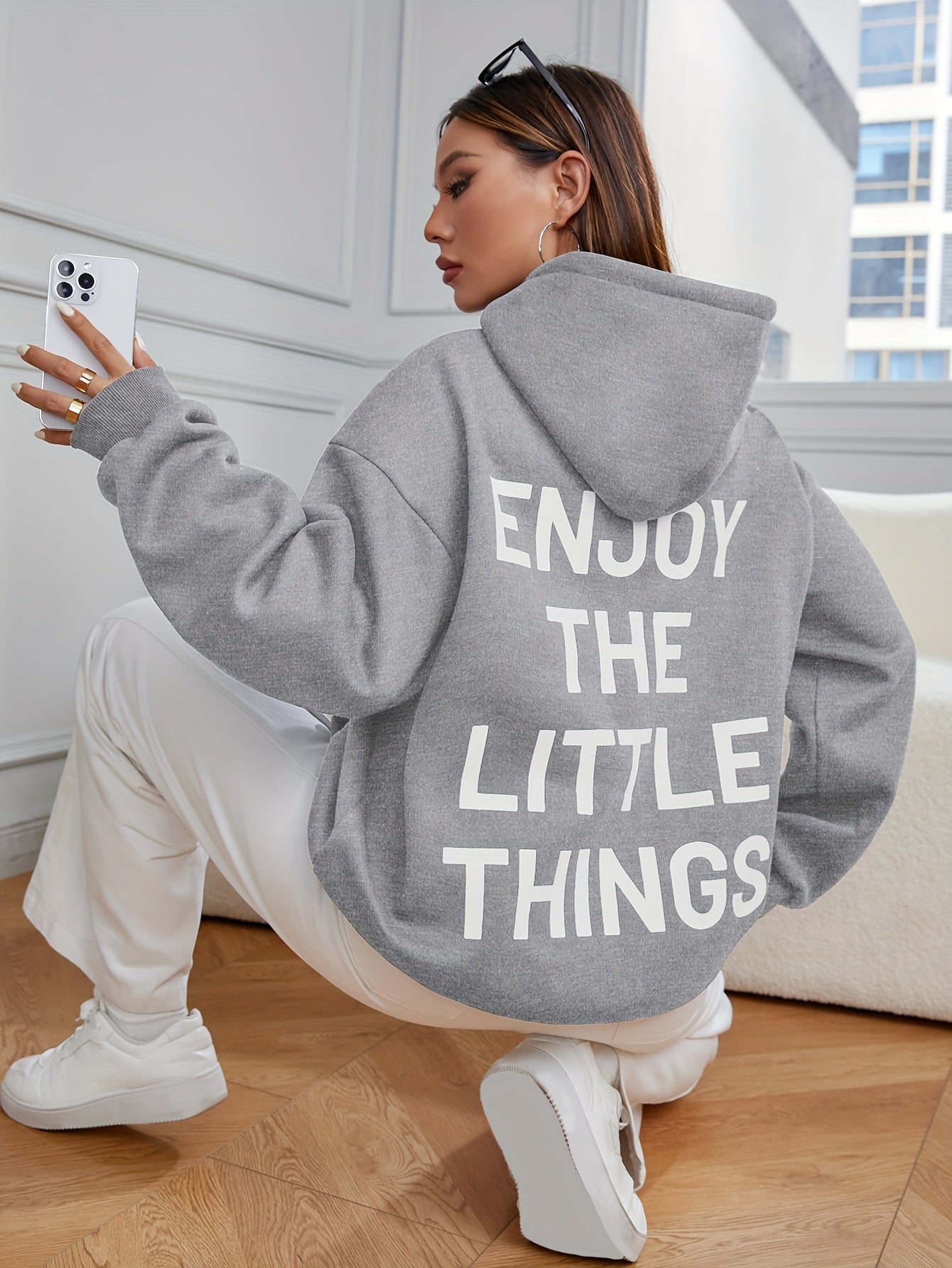 Letter Print Kangaroo Pocket Hoodie, Casual Long Sleeve Hoodies Sweatshirt, Women's Clothing