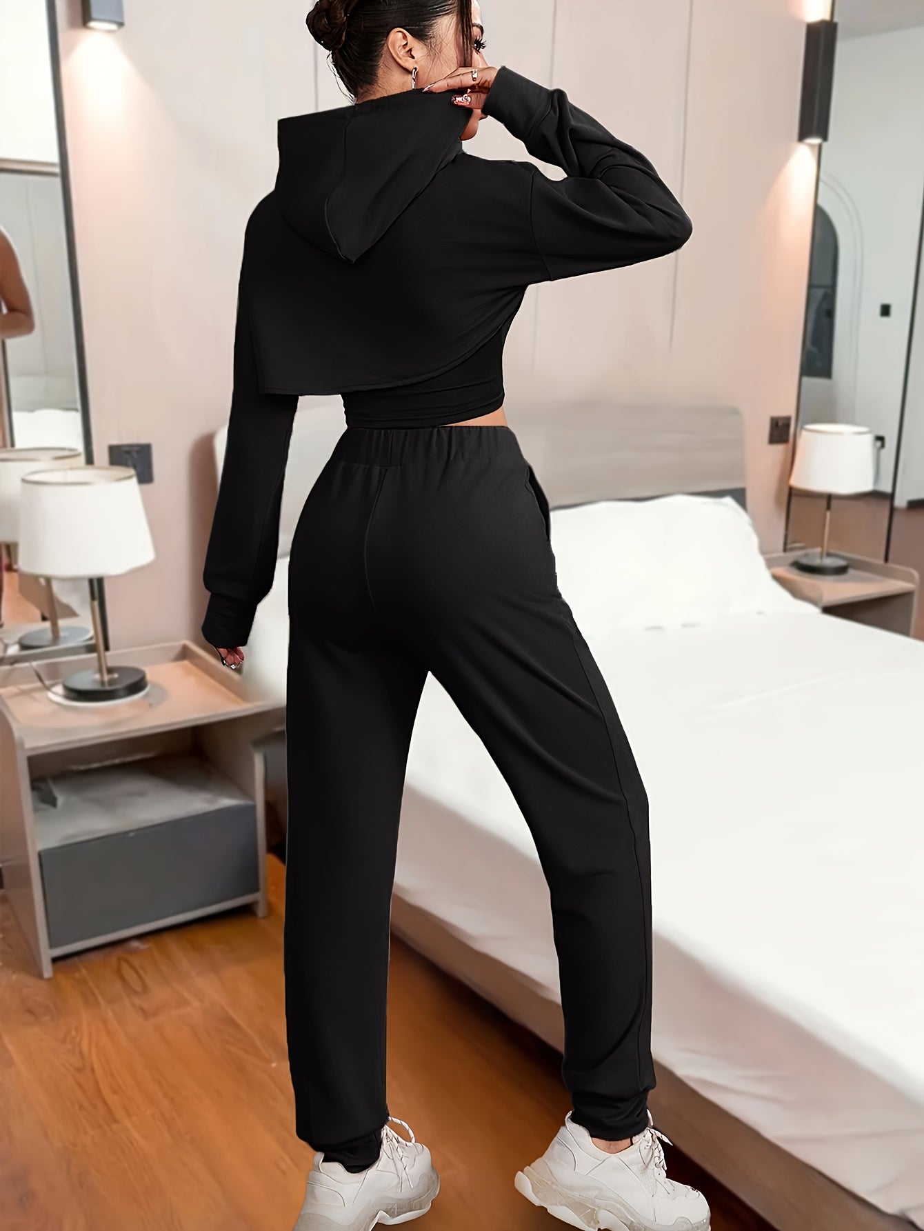 Casual Color Block Three-piece Set, Long Sleeve Drawstring Hoodie Crop Top & SMILE Print Scoop Neck Crop Tank Top & Drawstring Waist Jogger Pants Outfits, Women's Clothing