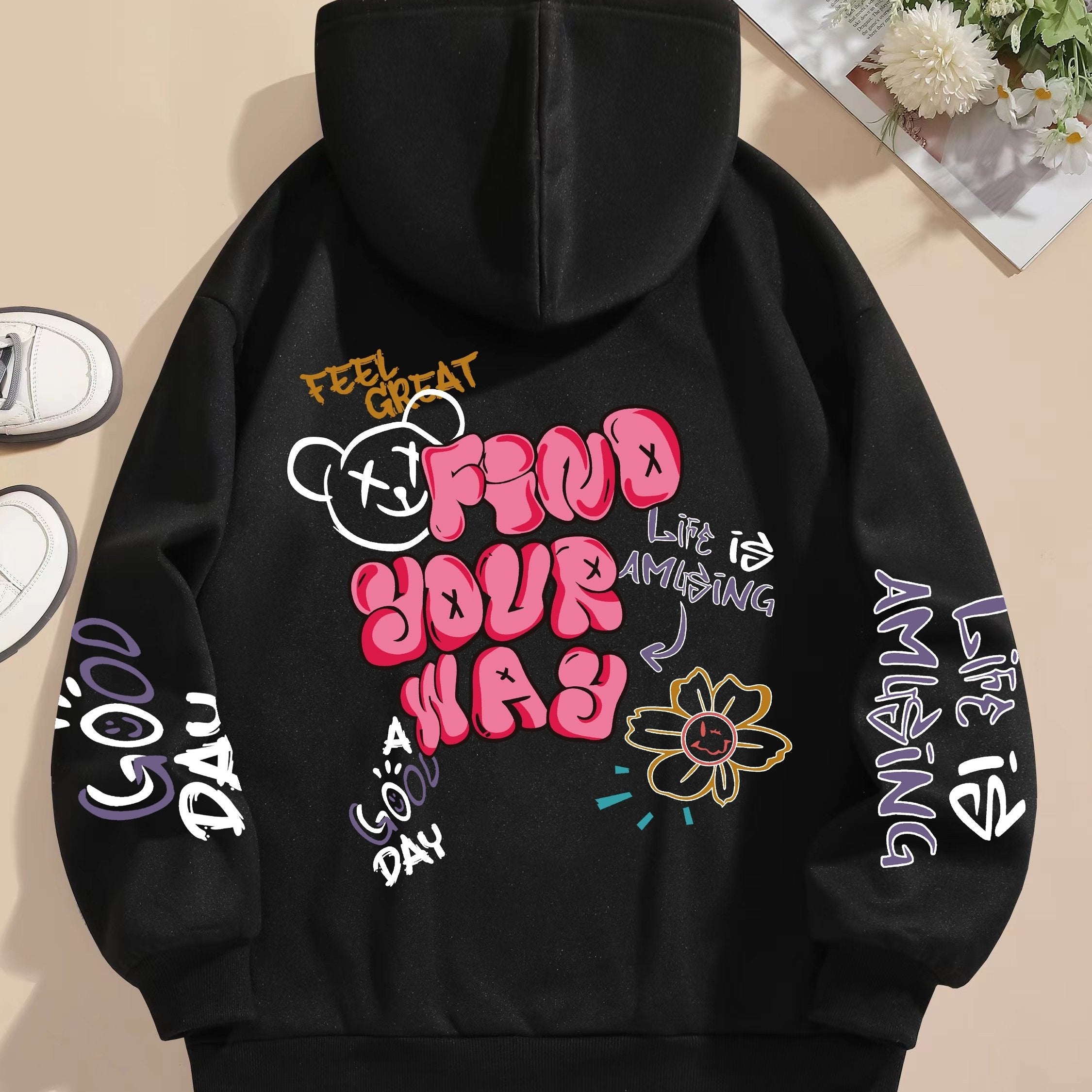 Letter Print Pocket Hoodie, Drawstring Casual Long Sleeve Hooded Sweatshirt For Winter & Fall, Women's Clothing