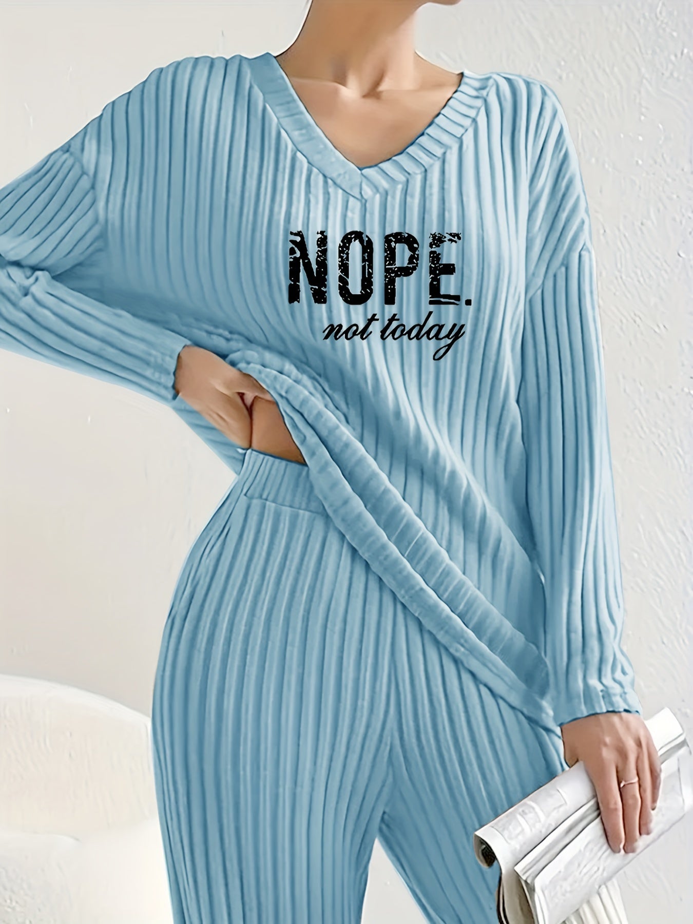 Solid Ribbed Matching Two-piece Set, Casual Long Sleeve V Neck Drop Shoulder Top & Slim Slant Pocket Elastic Waist Pants Outfits, Women's Clothing