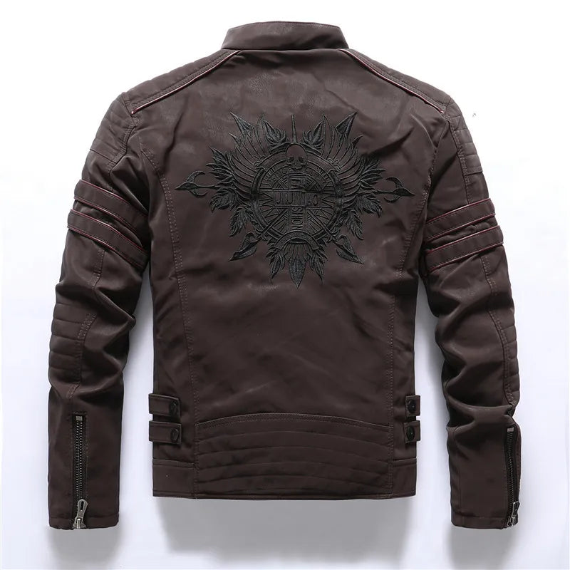 Chaquetas de cuero para motocicleta de invierno para hombre, chaquetas de Pu bordadas informales cálidas de lana para motocicleta, cortavientos Retro con múltiples bolsillos para exteriores