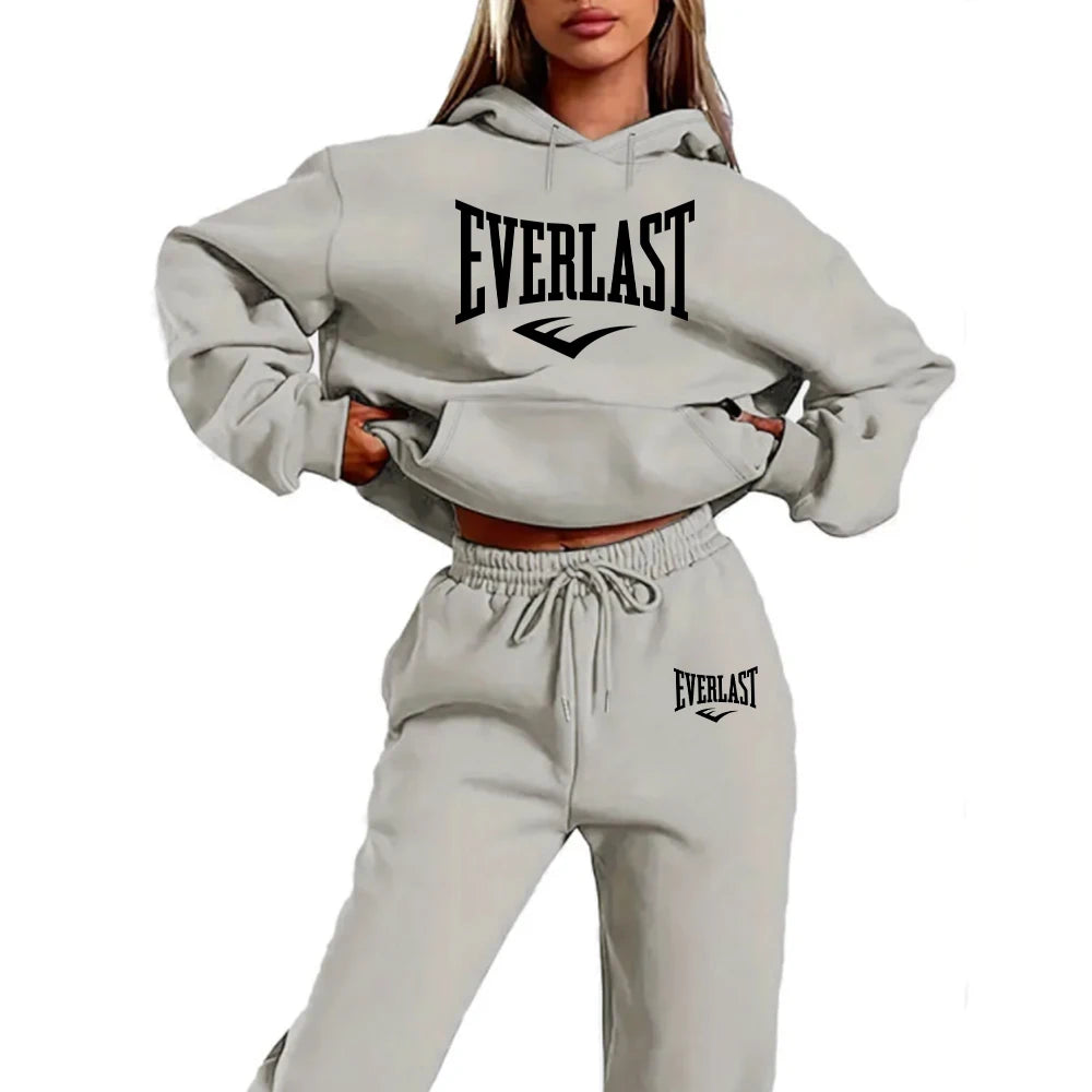 Conjunto de chándal de dos piezas con estampado de letras para mujer, sudadera para correr a la moda, traje con capucha deportiva con cordón, conjunto de Fitness de calidad