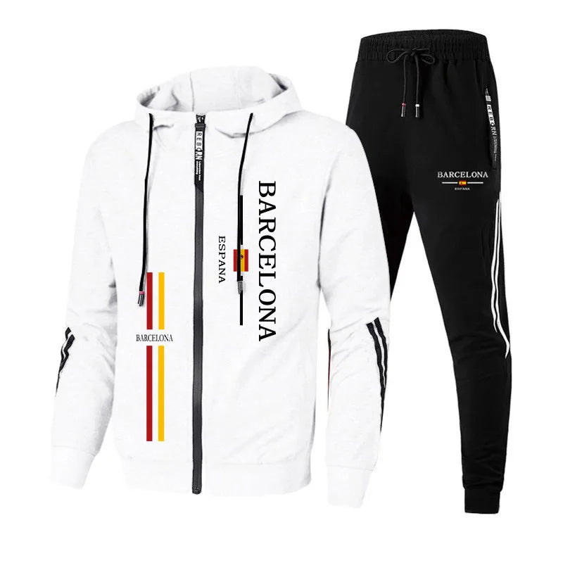 Otoño Invierno trajes deportivos masculinos Barcelona estampado chándal para hombres cremallera Sudadera con capucha y pantalones jogger urbano Casual moda ropa deportiva