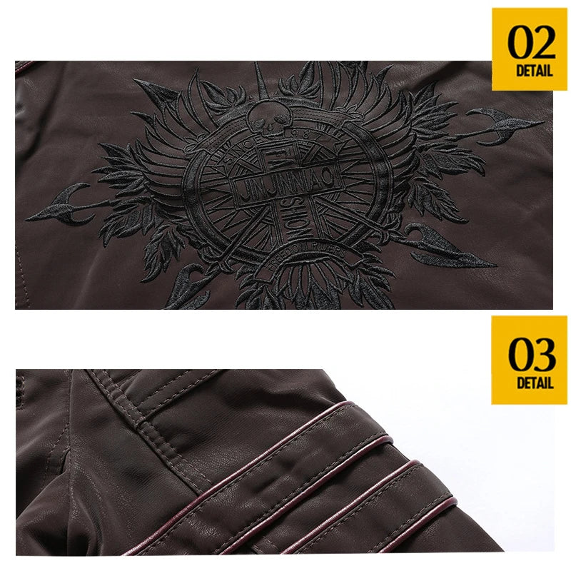 Chaquetas de cuero para motocicleta de invierno para hombre, chaquetas de Pu bordadas informales cálidas de lana para motocicleta, cortavientos Retro con múltiples bolsillos para exteriores
