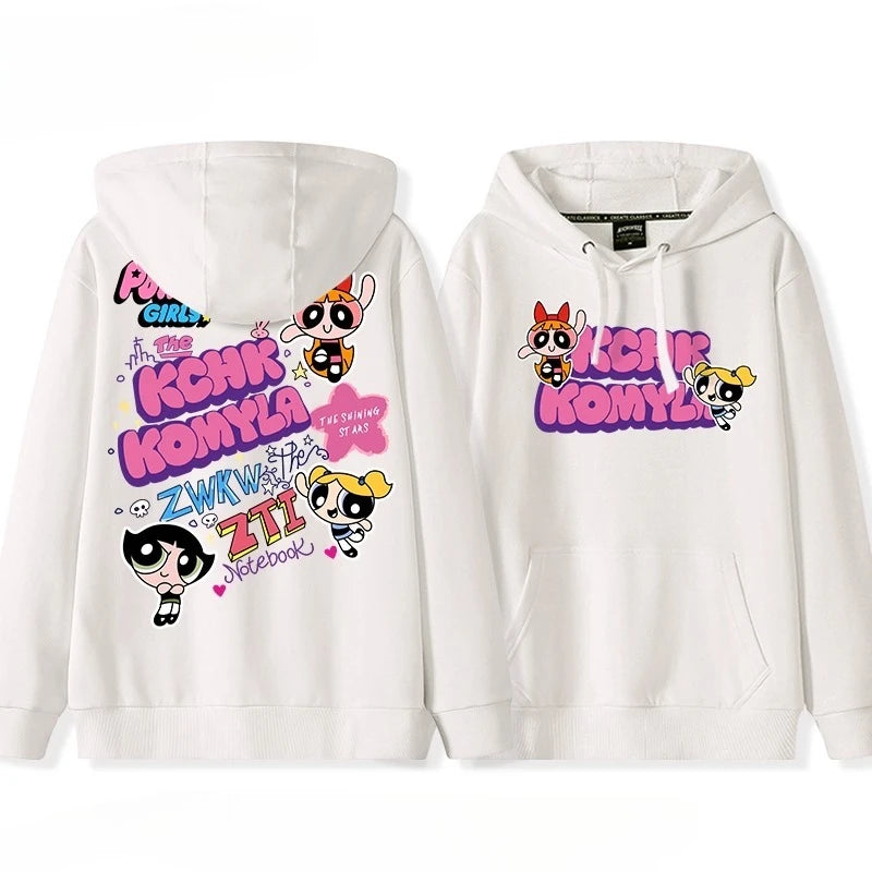 Lindo Comic Powerpuff Girls Blossom Bubbles Buttercup estampado pareja suéter con capucha adolescente Otoño e Invierno moda versátil abrigo