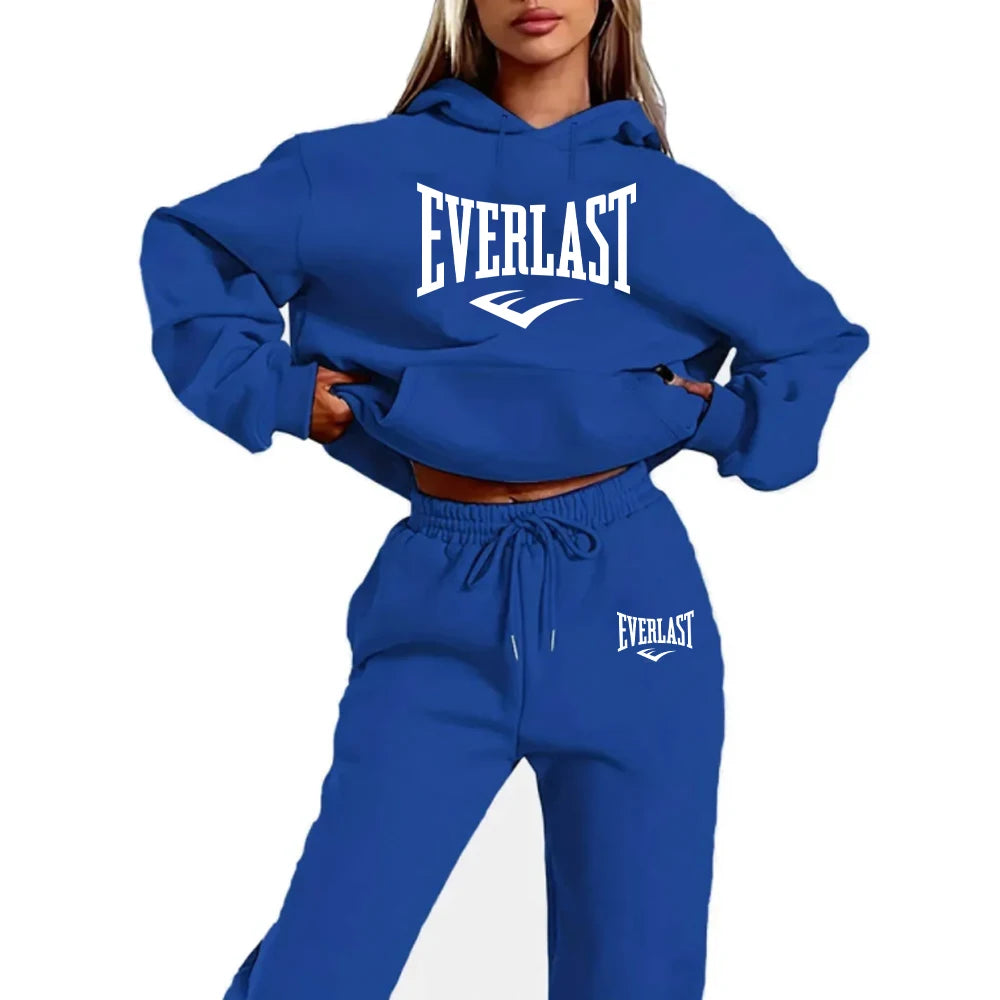 Conjunto de chándal de dos piezas con estampado de letras para mujer, sudadera para correr a la moda, traje con capucha deportiva con cordón, conjunto de Fitness de calidad