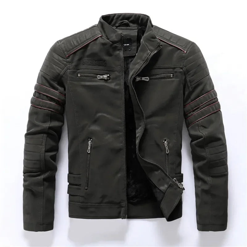 Chaquetas de cuero para motocicleta de invierno para hombre, chaquetas de Pu bordadas informales cálidas de lana para motocicleta, cortavientos Retro con múltiples bolsillos para exteriores