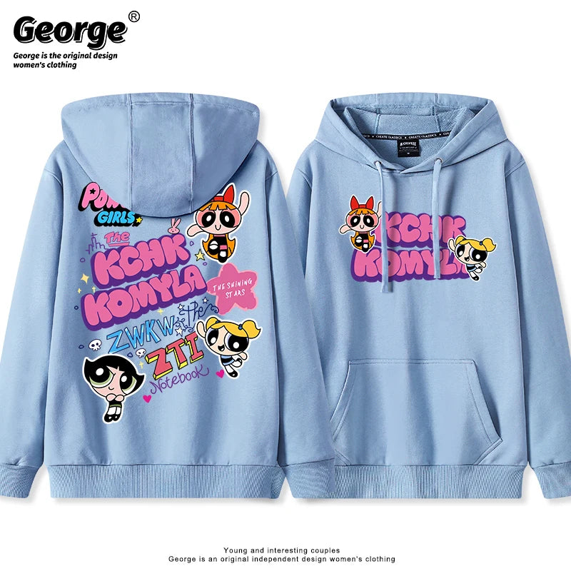 Lindo Comic Powerpuff Girls Blossom Bubbles Buttercup estampado pareja suéter con capucha adolescente Otoño e Invierno moda versátil abrigo