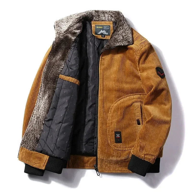 Chaqueta de invierno para hombre, cortavientos térmico de talla grande, chaquetas y abrigos cálidos de pana para invierno, prendas de vestir informales con Cuello de piel