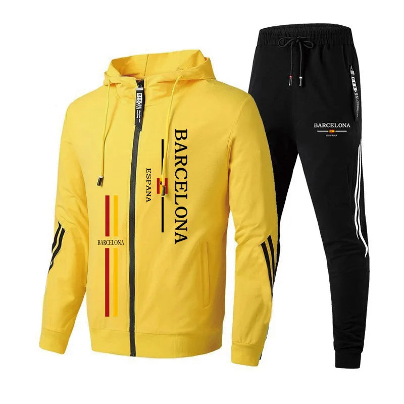 Otoño Invierno trajes deportivos masculinos Barcelona estampado chándal para hombres cremallera Sudadera con capucha y pantalones jogger urbano Casual moda ropa deportiva
