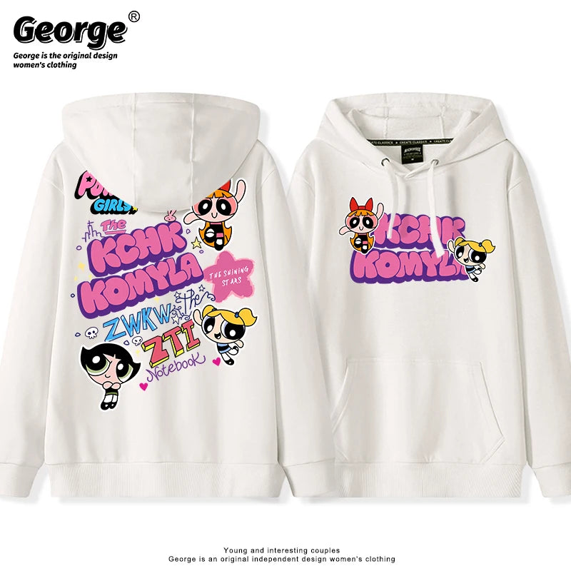 Lindo Comic Powerpuff Girls Blossom Bubbles Buttercup estampado pareja suéter con capucha adolescente Otoño e Invierno moda versátil abrigo