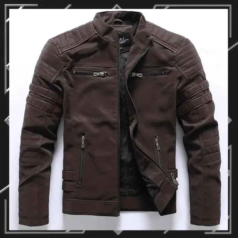 Chaquetas de cuero para motocicleta de invierno para hombre, chaquetas de Pu bordadas informales cálidas de lana para motocicleta, cortavientos Retro con múltiples bolsillos para exteriores