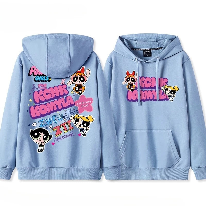 Lindo Comic Powerpuff Girls Blossom Bubbles Buttercup estampado pareja suéter con capucha adolescente Otoño e Invierno moda versátil abrigo